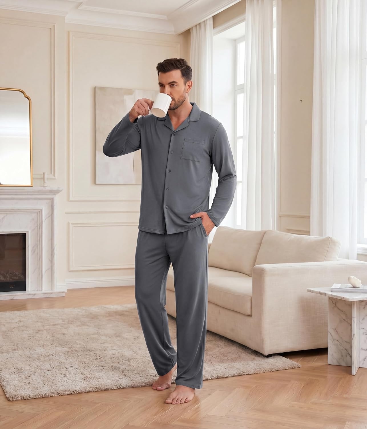 image:imageEkouaer Mens Pajamas Set Long Sleeve Button Down Pjs Long Pants with PocketDeep Gray