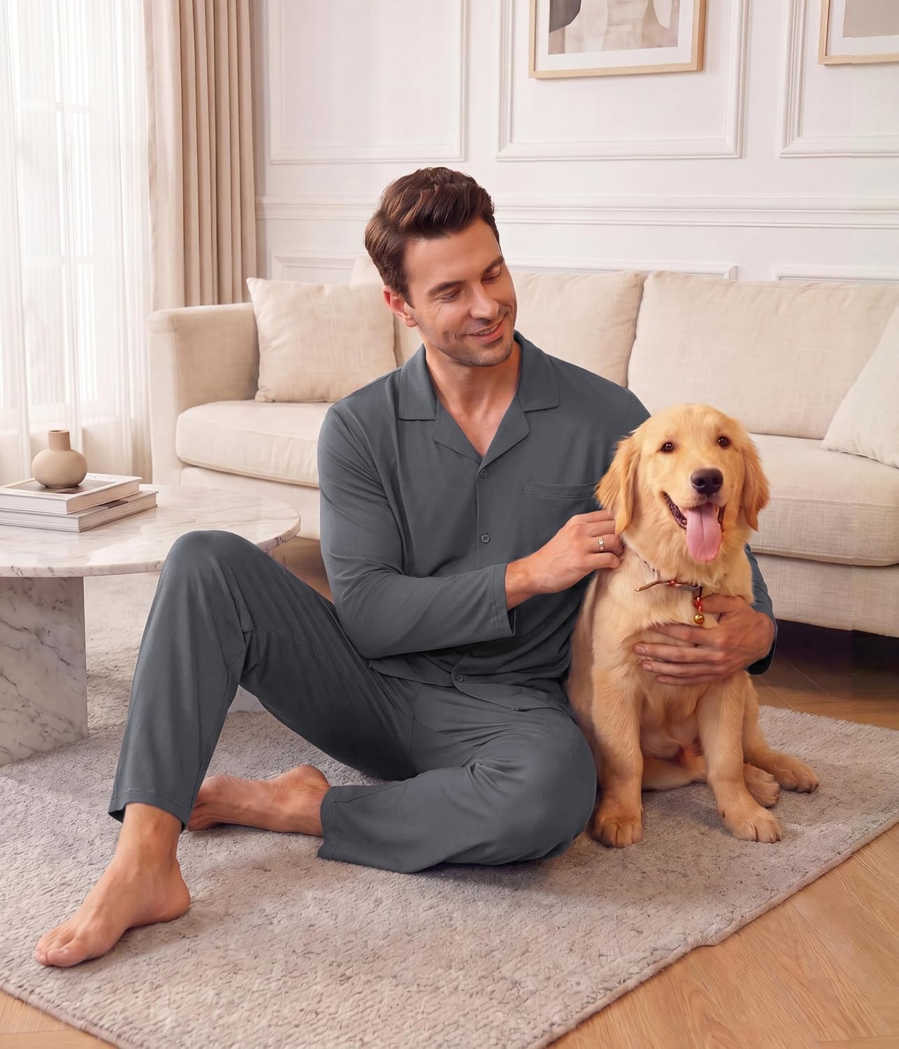 image:imageEkouaer Mens Pajamas Set Long Sleeve Button Down Pjs Long Pants with PocketDeep Gray