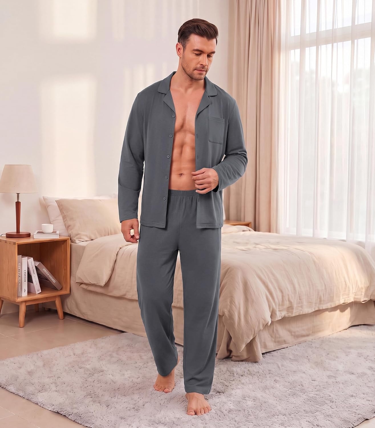 image:imageEkouaer Mens Pajamas Set Long Sleeve Button Down Pjs Long Pants with PocketDeep Gray