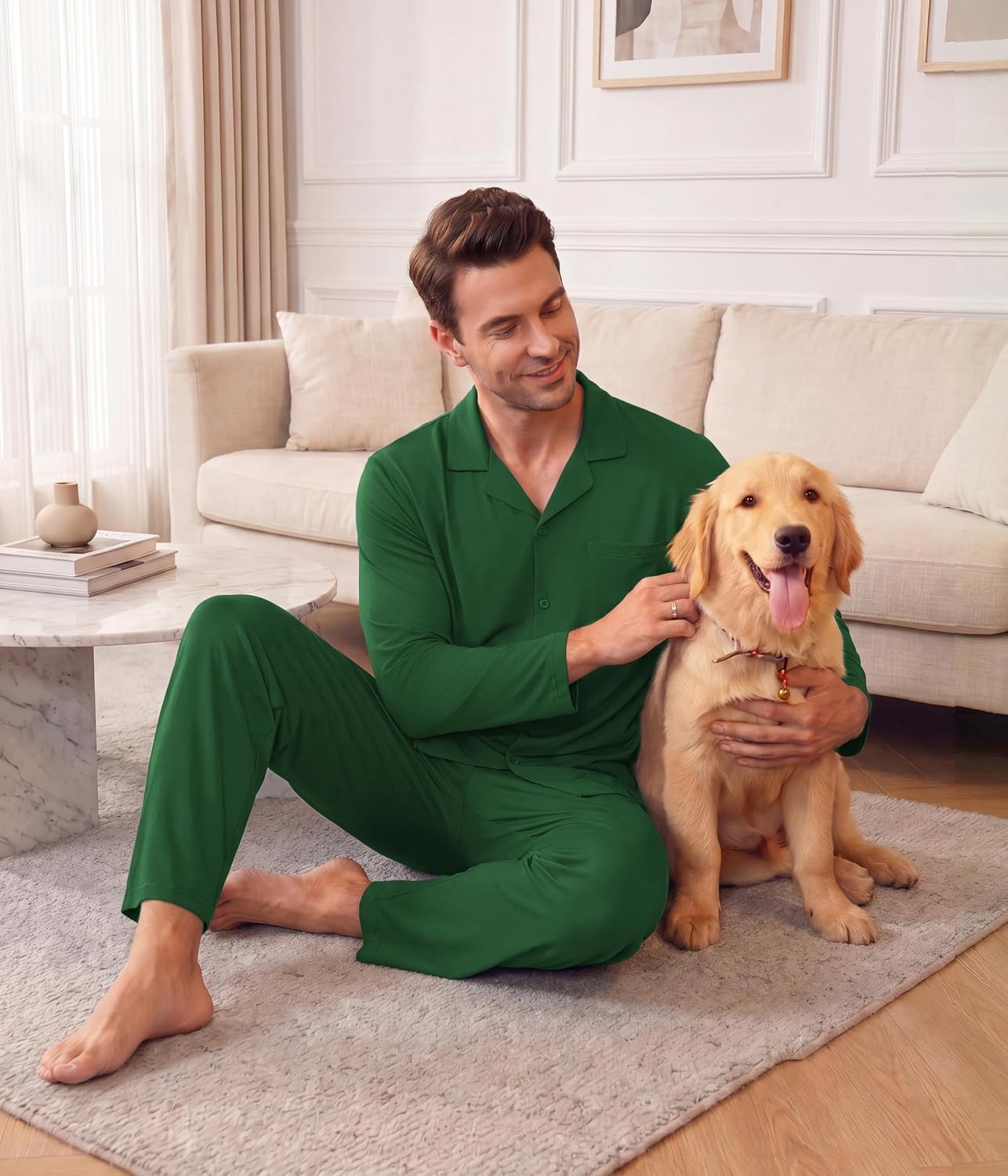 image:imageEkouaer Mens Pajamas Set Long Sleeve Button Down Pjs Long Pants with PocketGreen