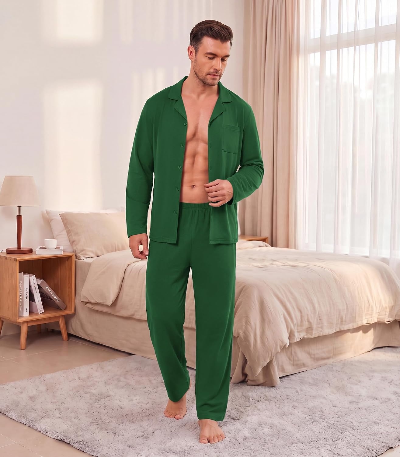 image:imageEkouaer Mens Pajamas Set Long Sleeve Button Down Pjs Long Pants with PocketGreen