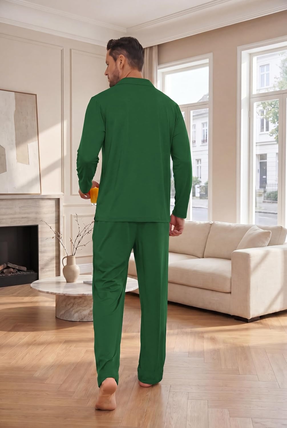 image:imageEkouaer Mens Pajamas Set Long Sleeve Button Down Pjs Long Pants with PocketGreen