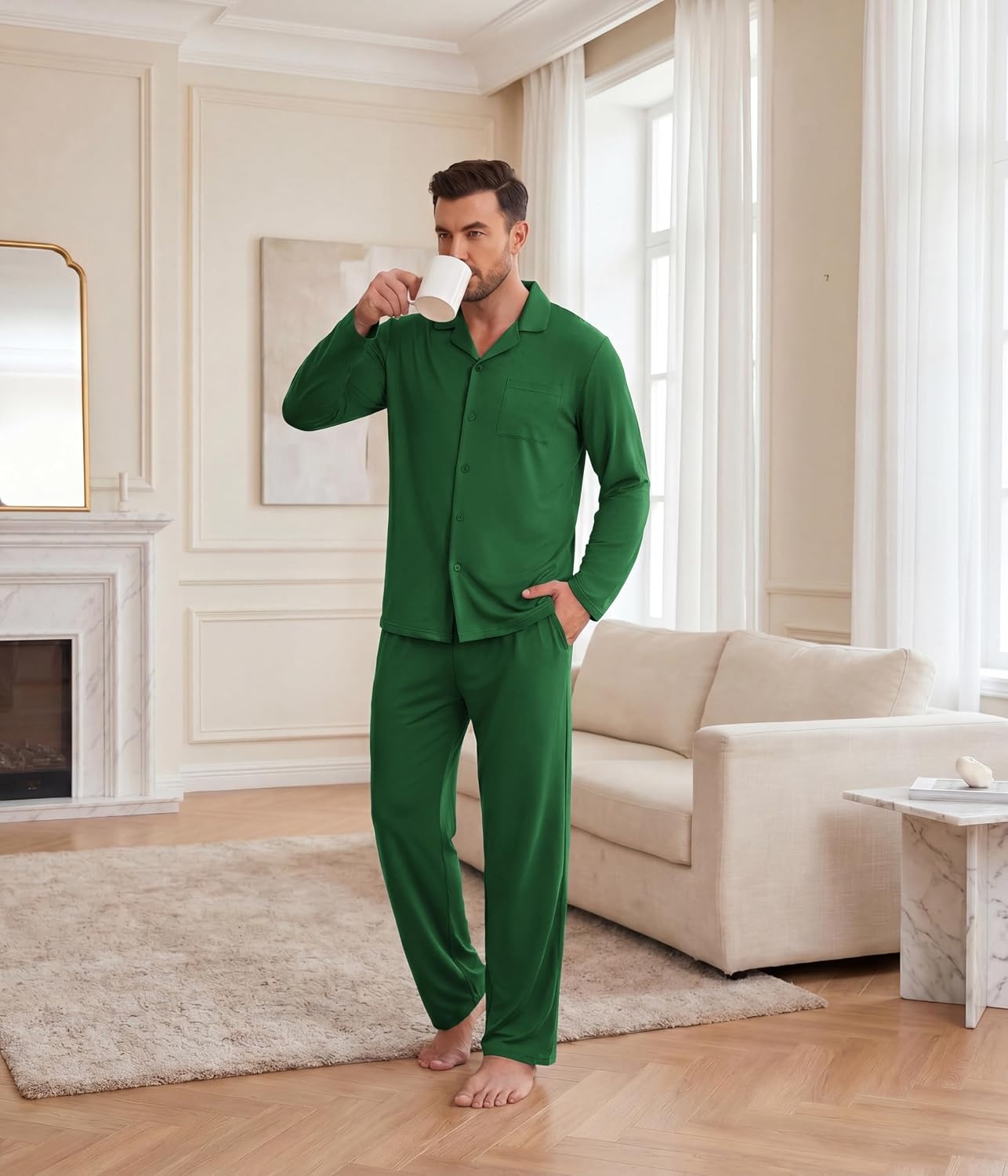 image:imageEkouaer Mens Pajamas Set Long Sleeve Button Down Pjs Long Pants with PocketGreen