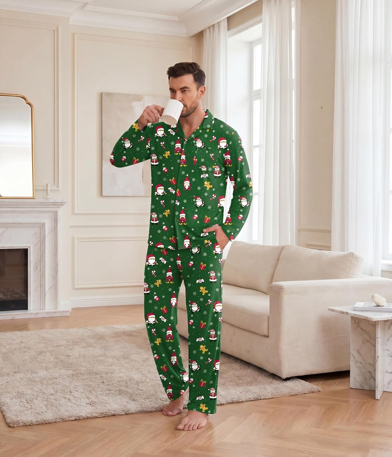 image:imageEkouaer Mens Pajamas Set Long Sleeve Button Down Pjs Long Pants with PocketGreen Christmas Pattern