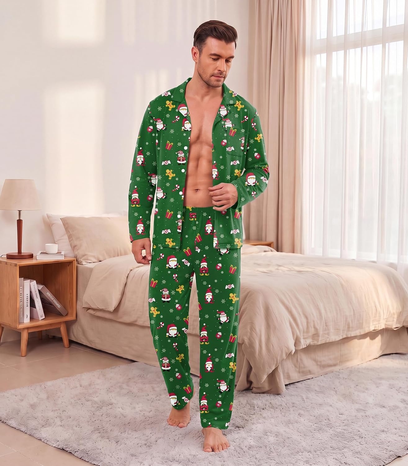 image:imageEkouaer Mens Pajamas Set Long Sleeve Button Down Pjs Long Pants with PocketGreen Christmas Pattern
