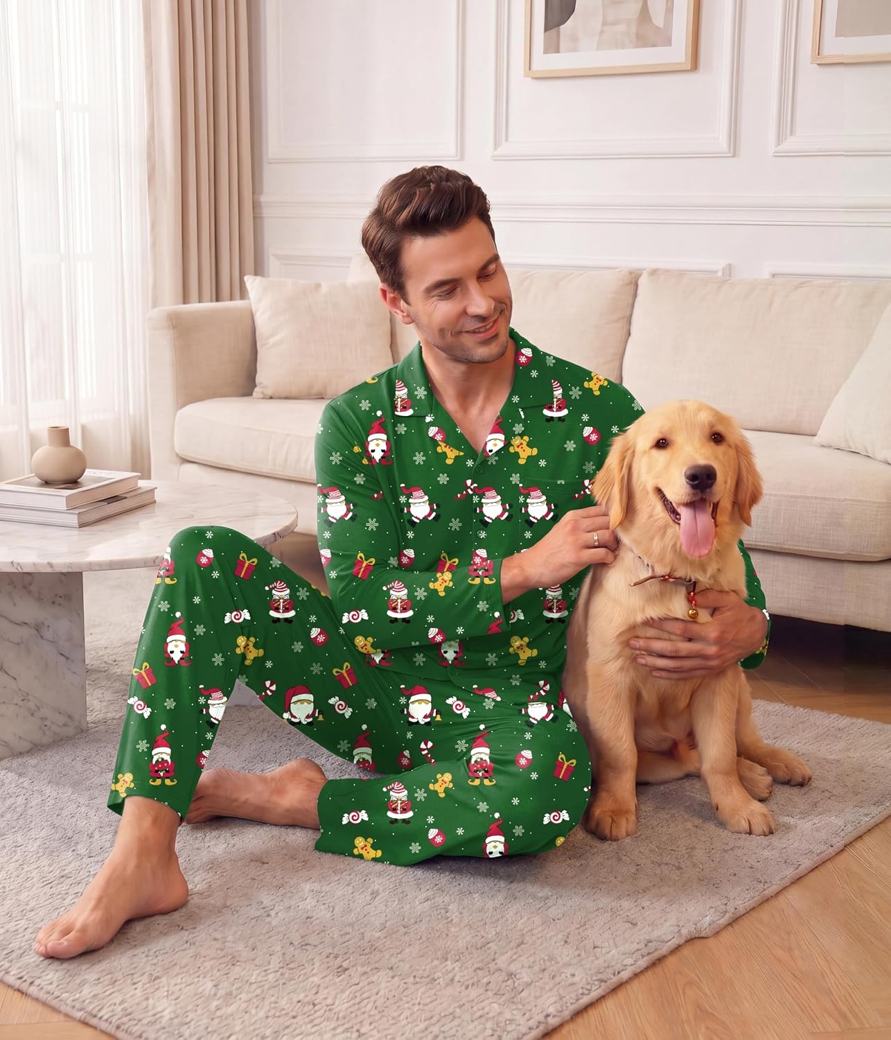 image:imageEkouaer Mens Pajamas Set Long Sleeve Button Down Pjs Long Pants with PocketGreen Christmas Pattern