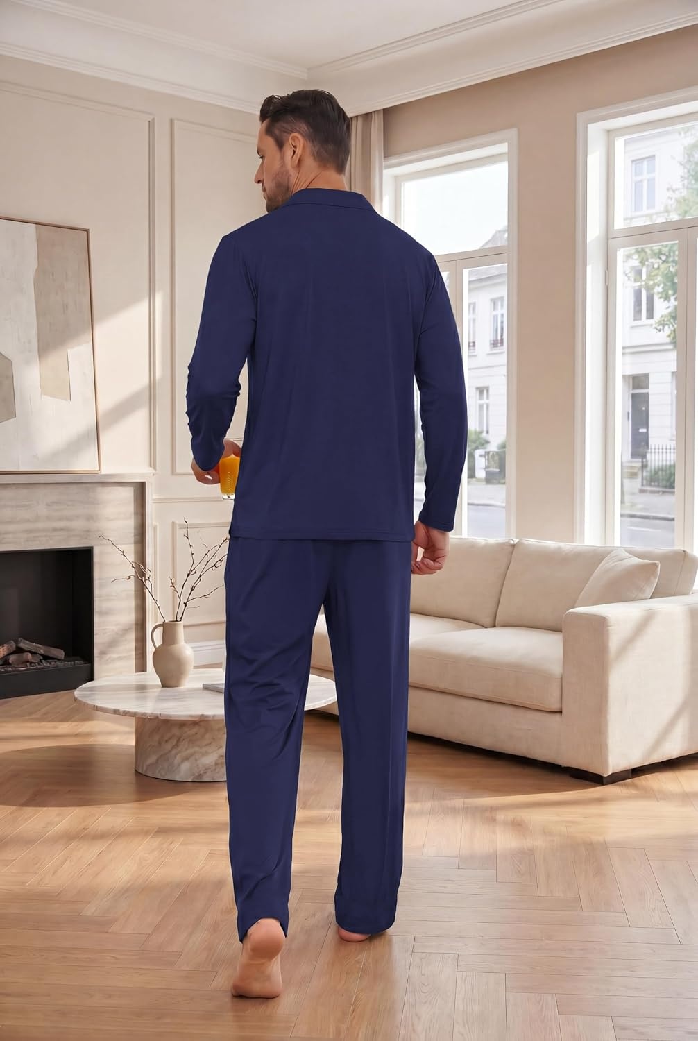 image:imageEkouaer Mens Pajamas Set Long Sleeve Button Down Pjs Long Pants with PocketNavy Blue
