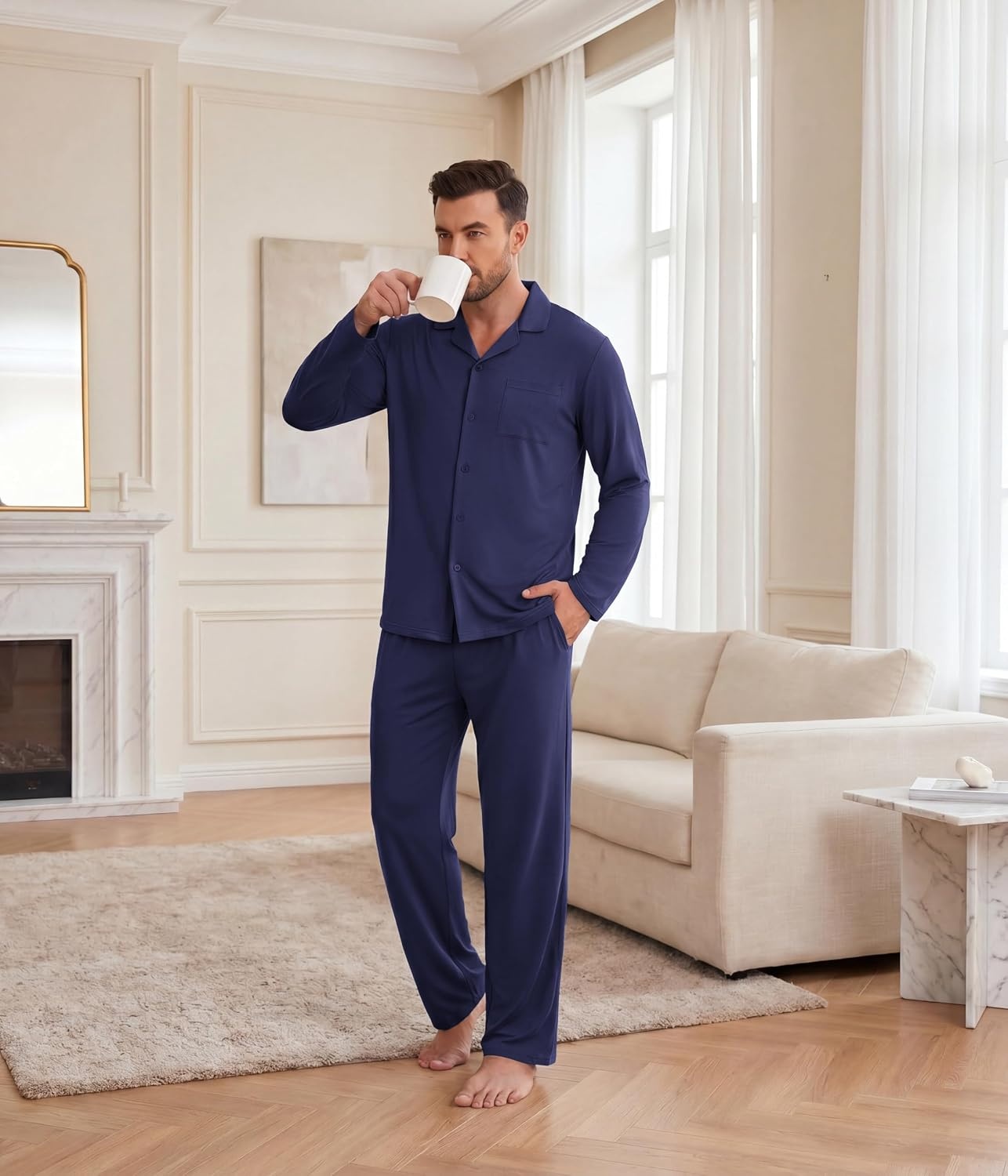image:imageEkouaer Mens Pajamas Set Long Sleeve Button Down Pjs Long Pants with PocketNavy Blue