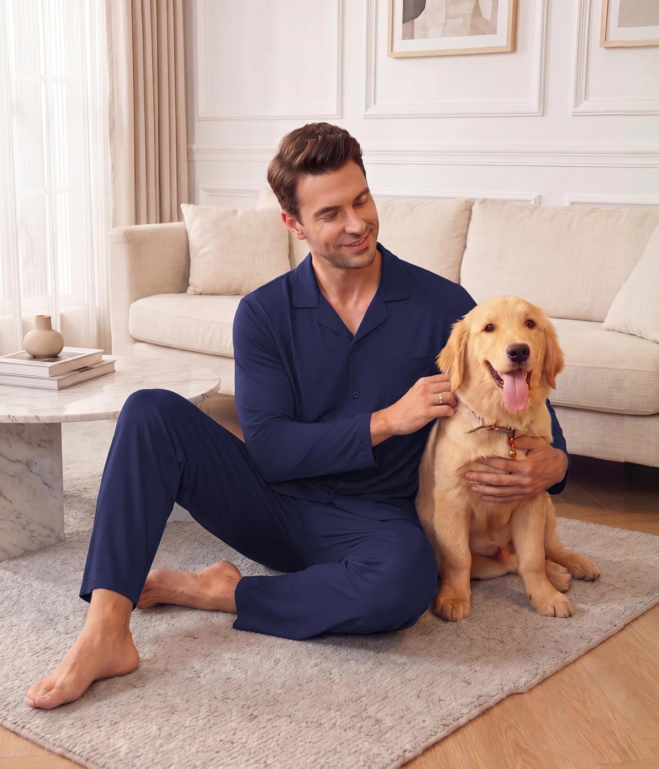 image:imageEkouaer Mens Pajamas Set Long Sleeve Button Down Pjs Long Pants with PocketNavy Blue