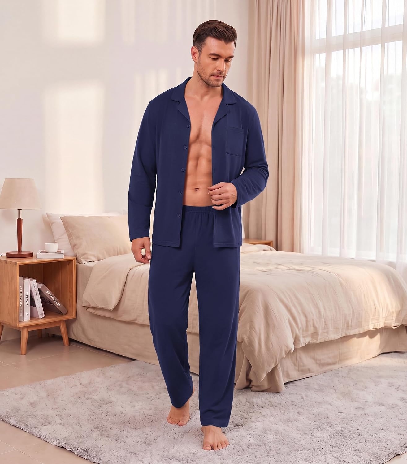 image:imageEkouaer Mens Pajamas Set Long Sleeve Button Down Pjs Long Pants with PocketNavy Blue