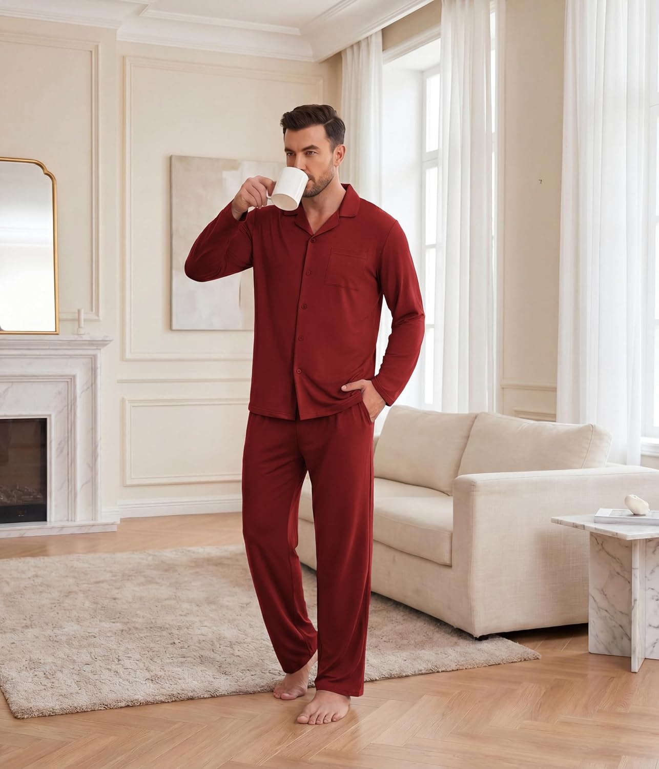 image:imageEkouaer Mens Pajamas Set Long Sleeve Button Down Pjs Long Pants with PocketRed