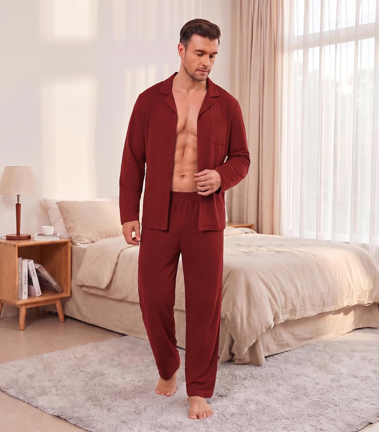 image:imageEkouaer Mens Pajamas Set Long Sleeve Button Down Pjs Long Pants with PocketRed