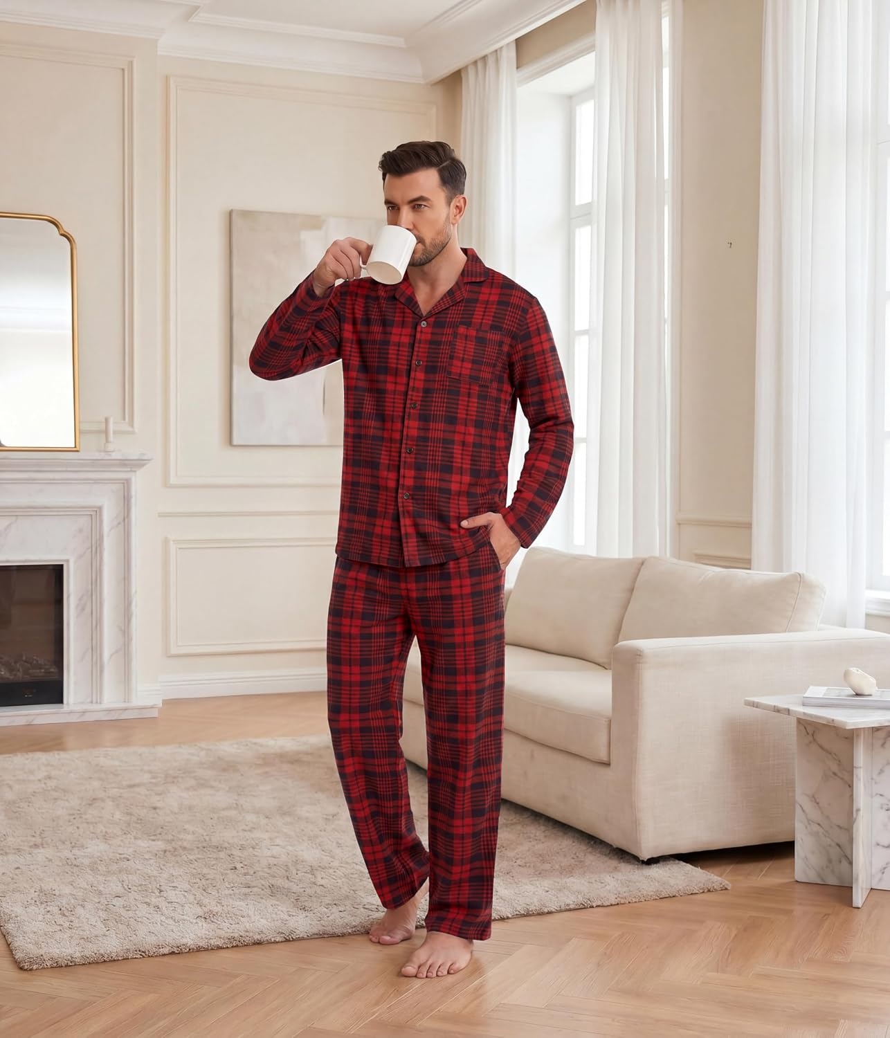 image:imageEkouaer Mens Pajamas Set Long Sleeve Button Down Pjs Long Pants with PocketRed Plaid1