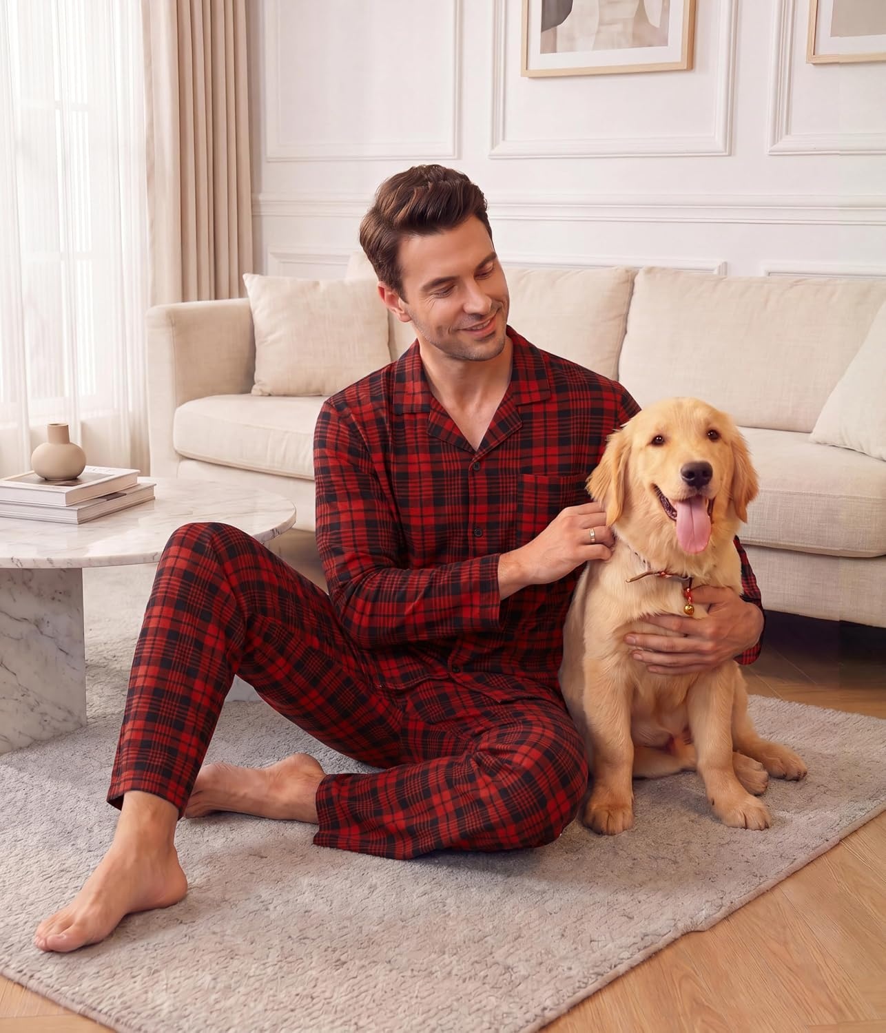 image:imageEkouaer Mens Pajamas Set Long Sleeve Button Down Pjs Long Pants with PocketRed Plaid1