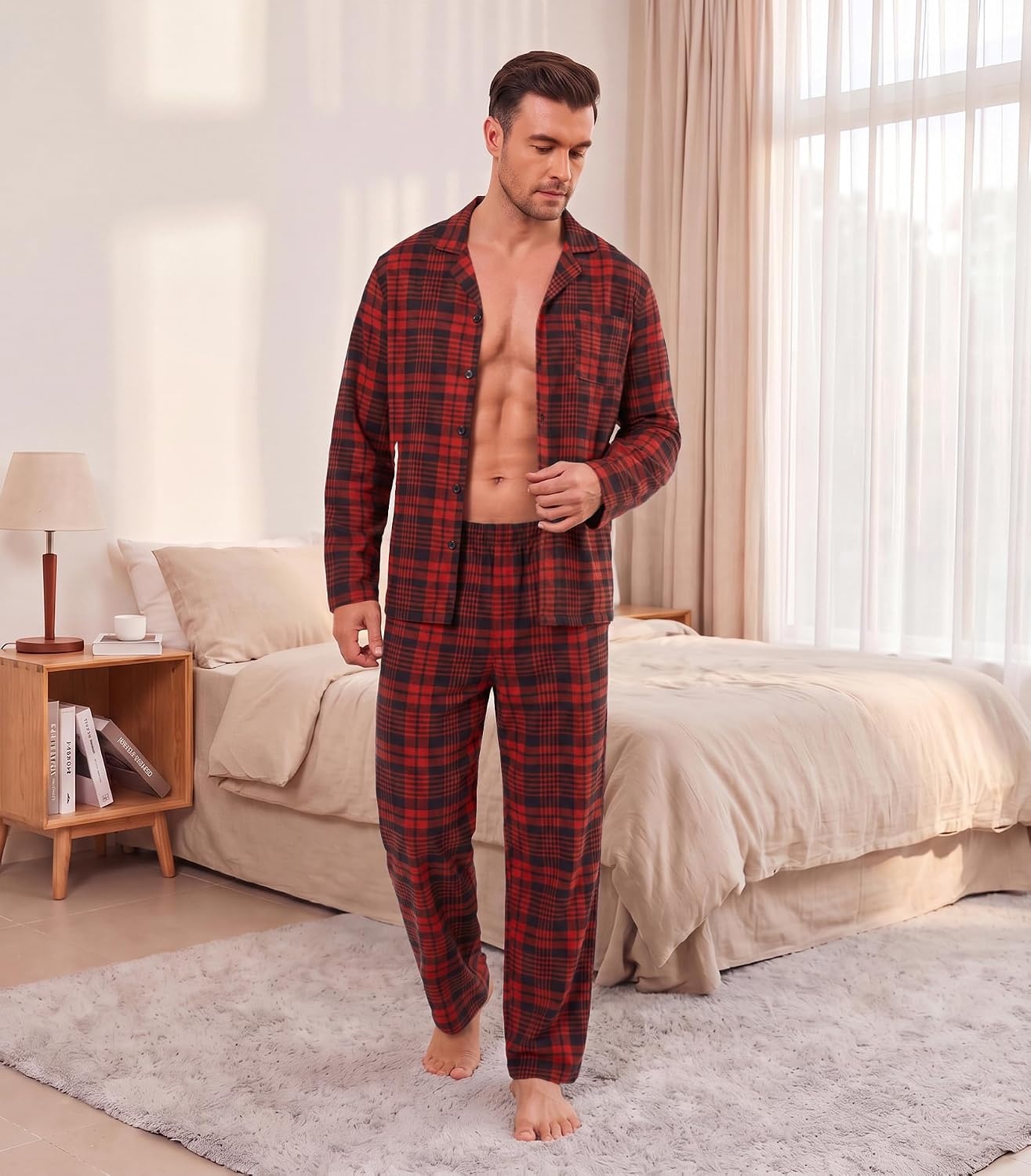 image:imageEkouaer Mens Pajamas Set Long Sleeve Button Down Pjs Long Pants with PocketRed Plaid1