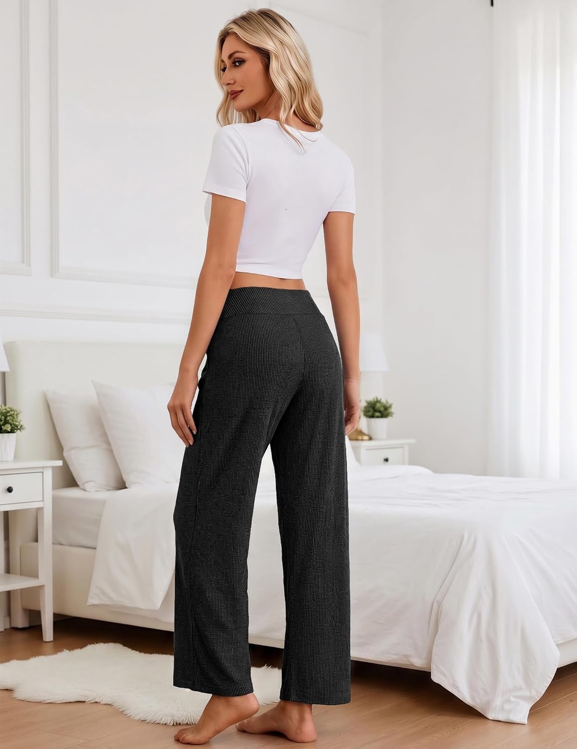 image:imageEkouaer Women Pajama Pants 2026 Knit Ribbed PJ Bottom Sleep Lounge PantBlack