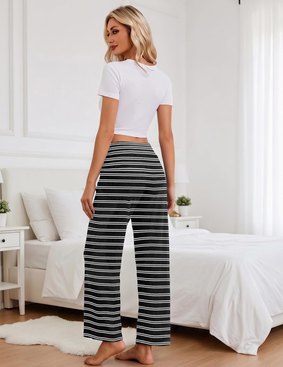 image:imageEkouaer Women Pajama Pants 2026 Knit Ribbed PJ Bottom Sleep Lounge PantBlack and White Stripe