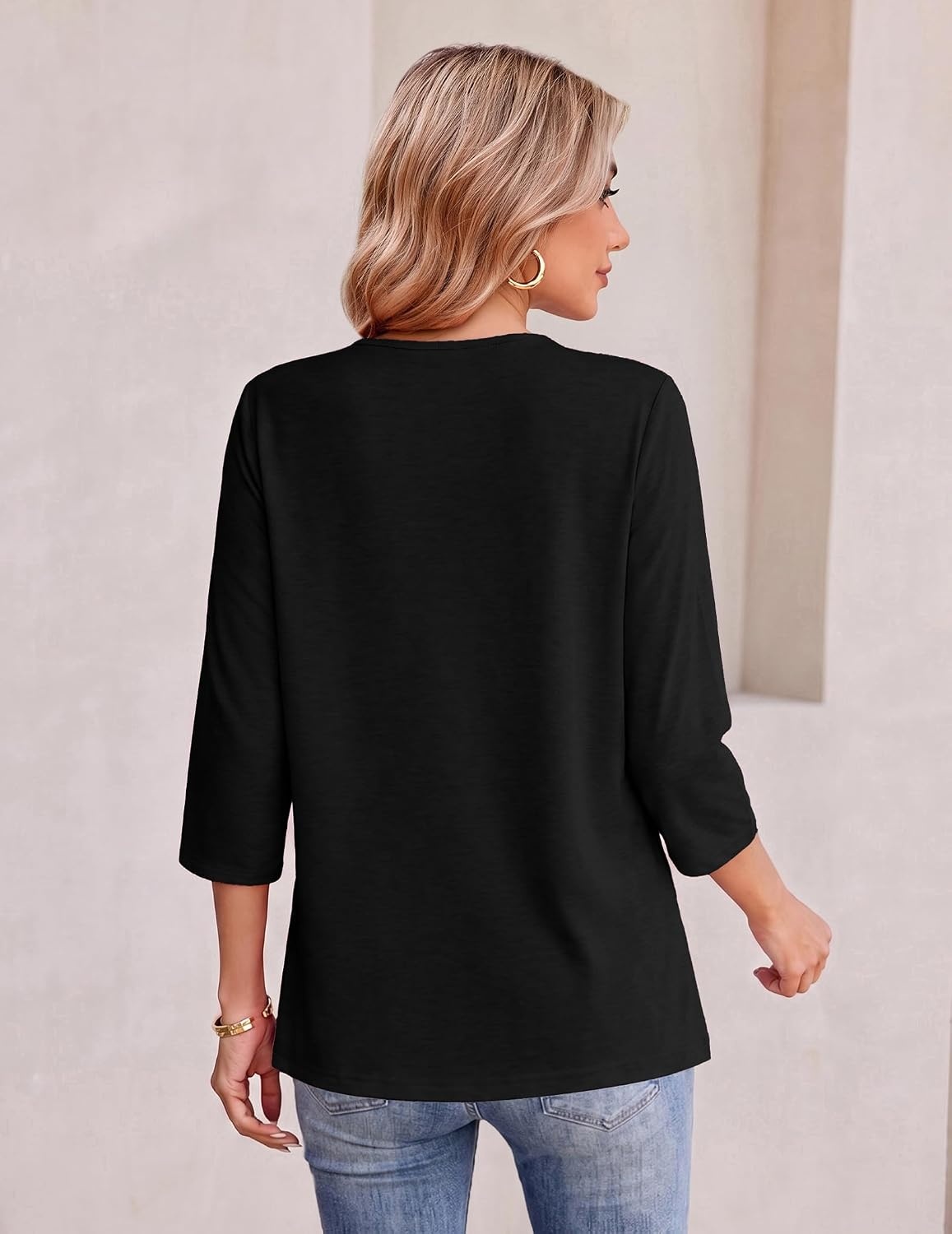 image:imageEkouaer Womens 34 Length Sleeve Tops Boho Blouses Casual Pleated ShirtsBlack
