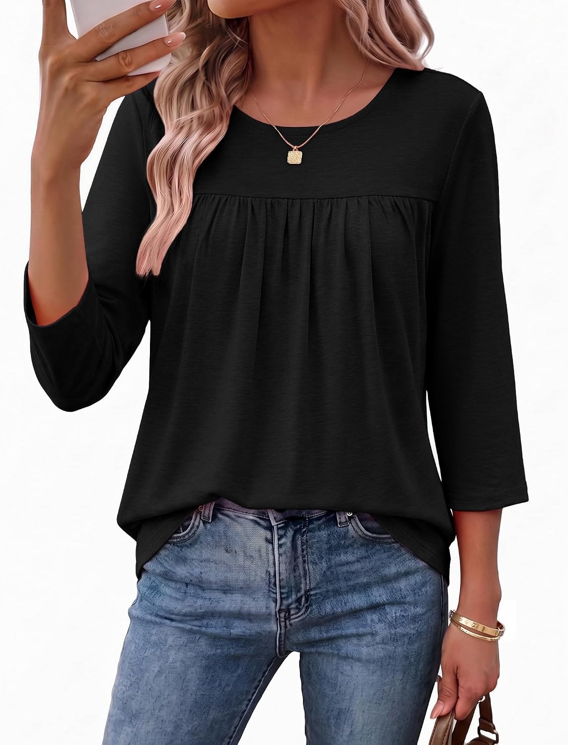 image:imageEkouaer Womens 34 Length Sleeve Tops Boho Blouses Casual Pleated ShirtsBlack