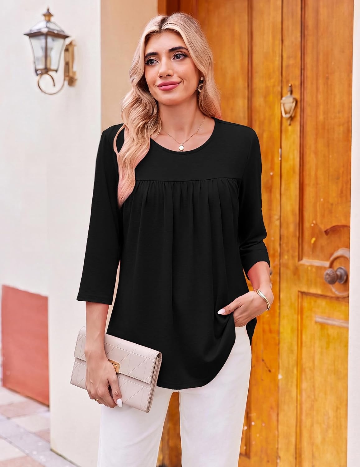 image:imageEkouaer Womens 34 Length Sleeve Tops Boho Blouses Casual Pleated ShirtsBlack