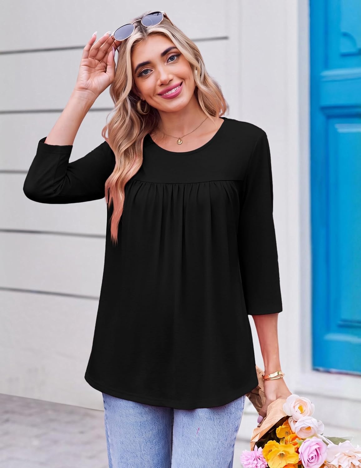 image:imageEkouaer Womens 34 Length Sleeve Tops Boho Blouses Casual Pleated ShirtsBlack