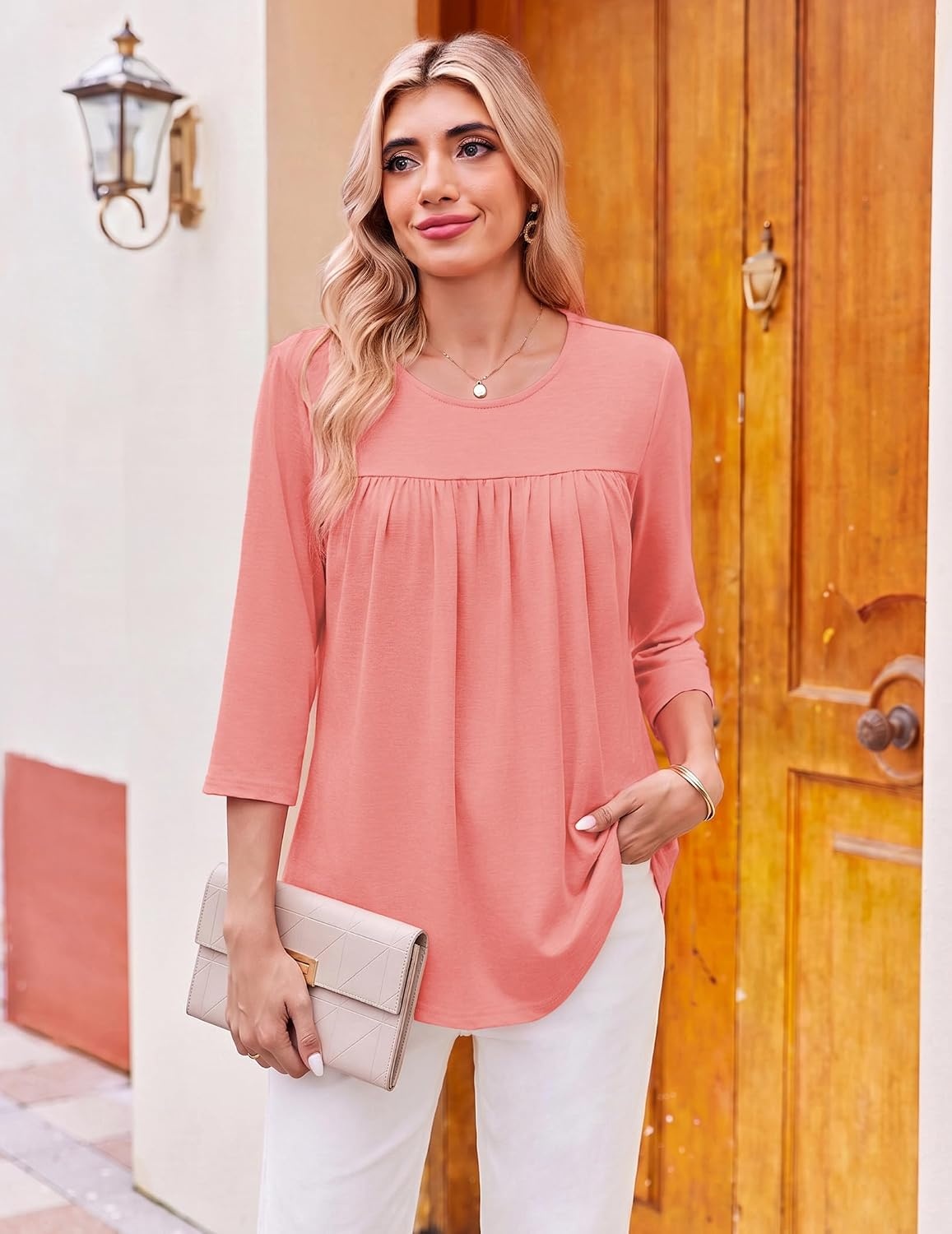 image:imageEkouaer Womens 34 Length Sleeve Tops Boho Blouses Casual Pleated ShirtsCoral