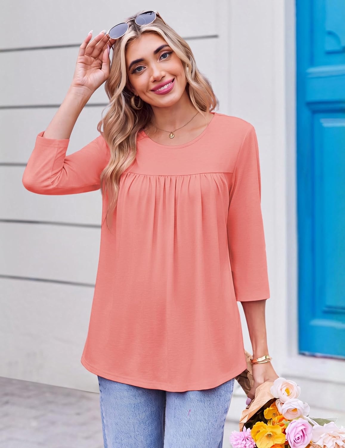 image:imageEkouaer Womens 34 Length Sleeve Tops Boho Blouses Casual Pleated ShirtsCoral