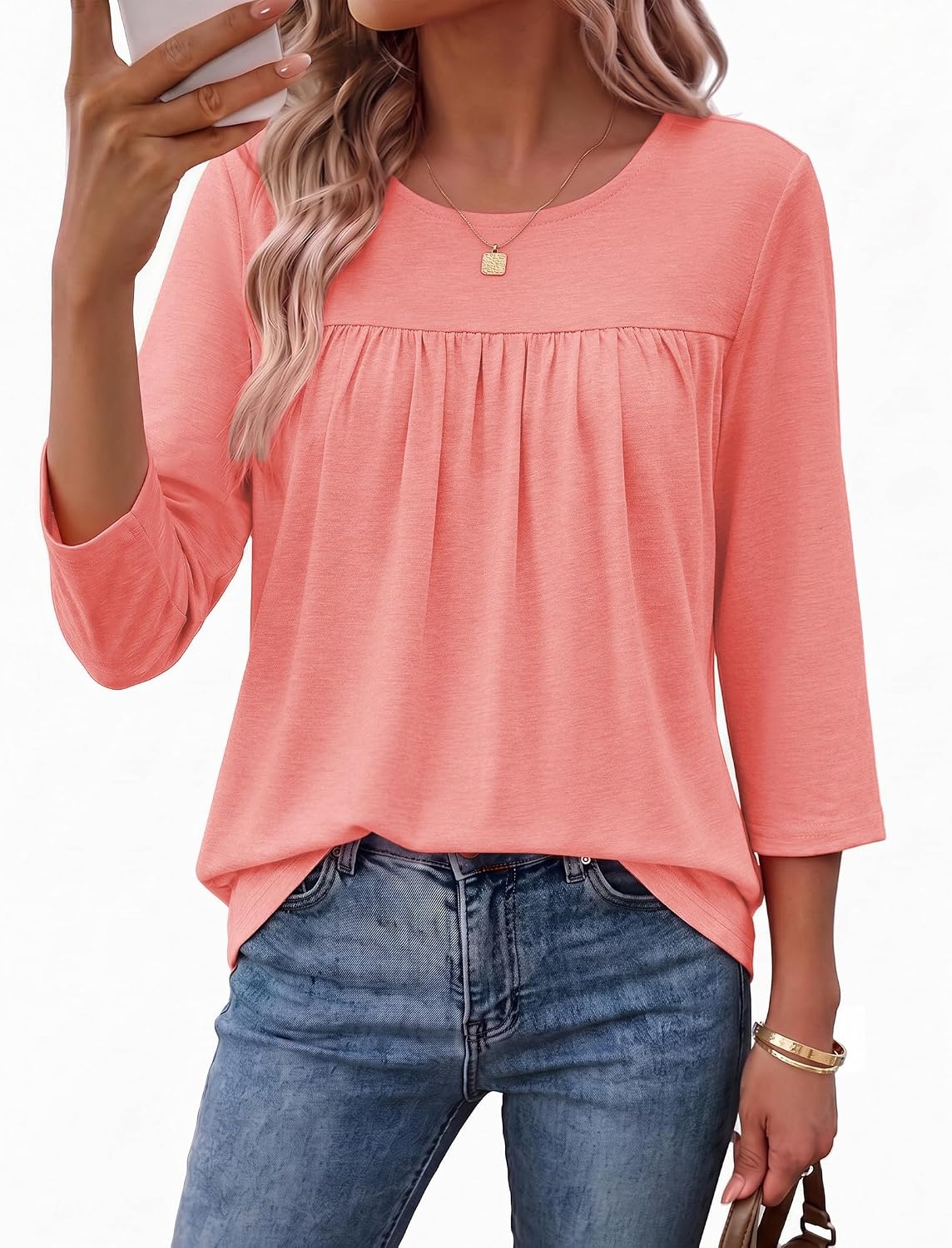 image:imageEkouaer Womens 34 Length Sleeve Tops Boho Blouses Casual Pleated ShirtsCoral