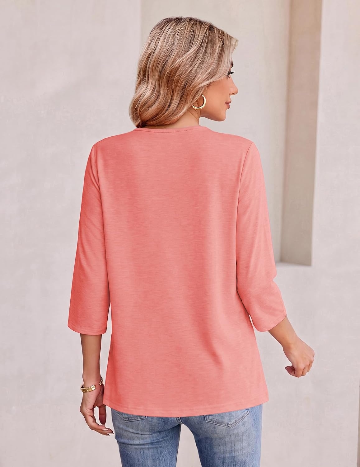 image:imageEkouaer Womens 34 Length Sleeve Tops Boho Blouses Casual Pleated ShirtsCoral