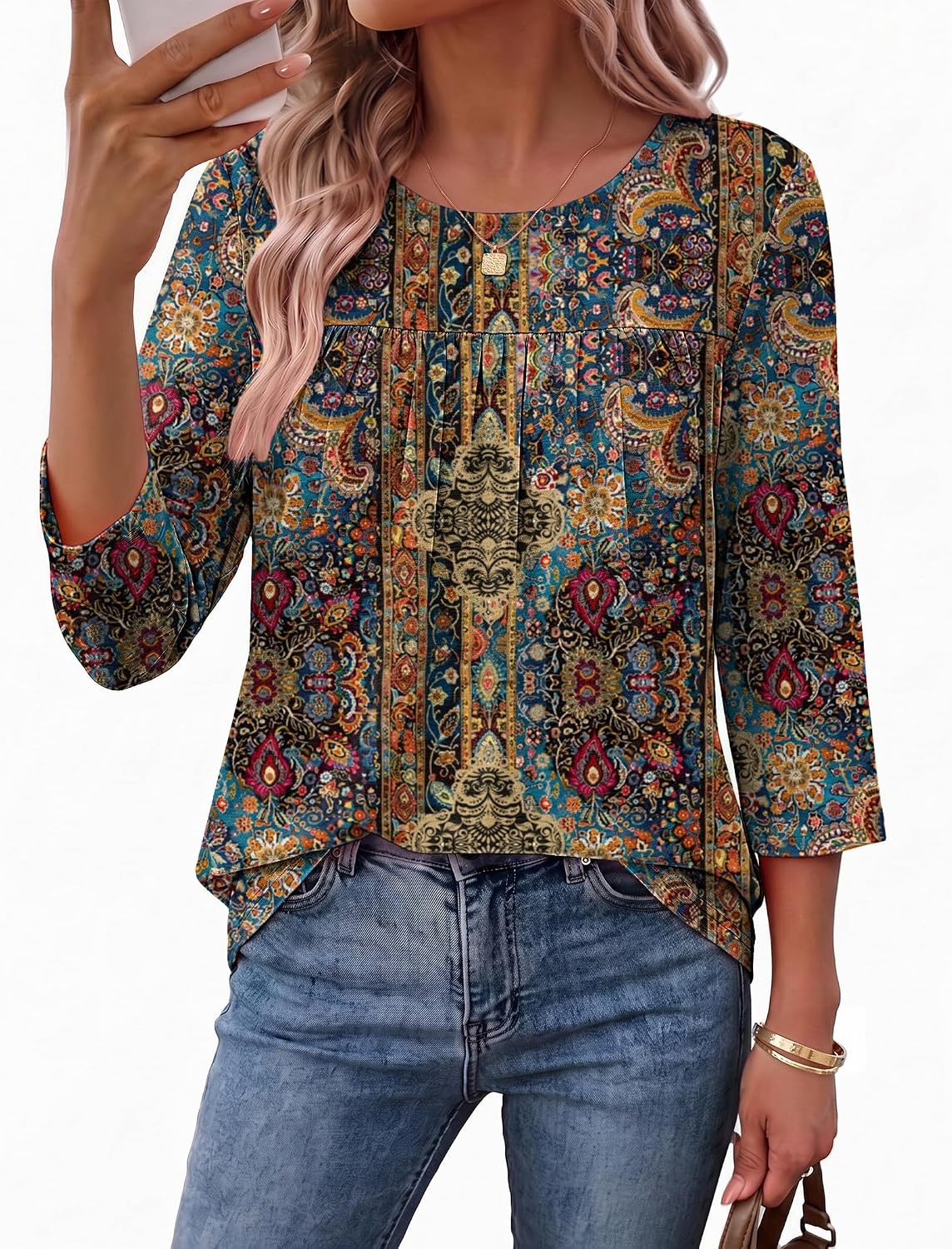 image:imageEkouaer Womens 34 Length Sleeve Tops Boho Blouses Casual Pleated ShirtsEthnic Print