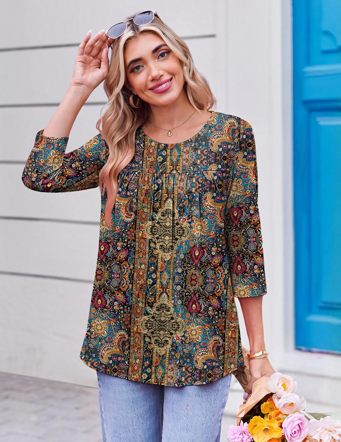 image:imageEkouaer Womens 34 Length Sleeve Tops Boho Blouses Casual Pleated ShirtsEthnic Print
