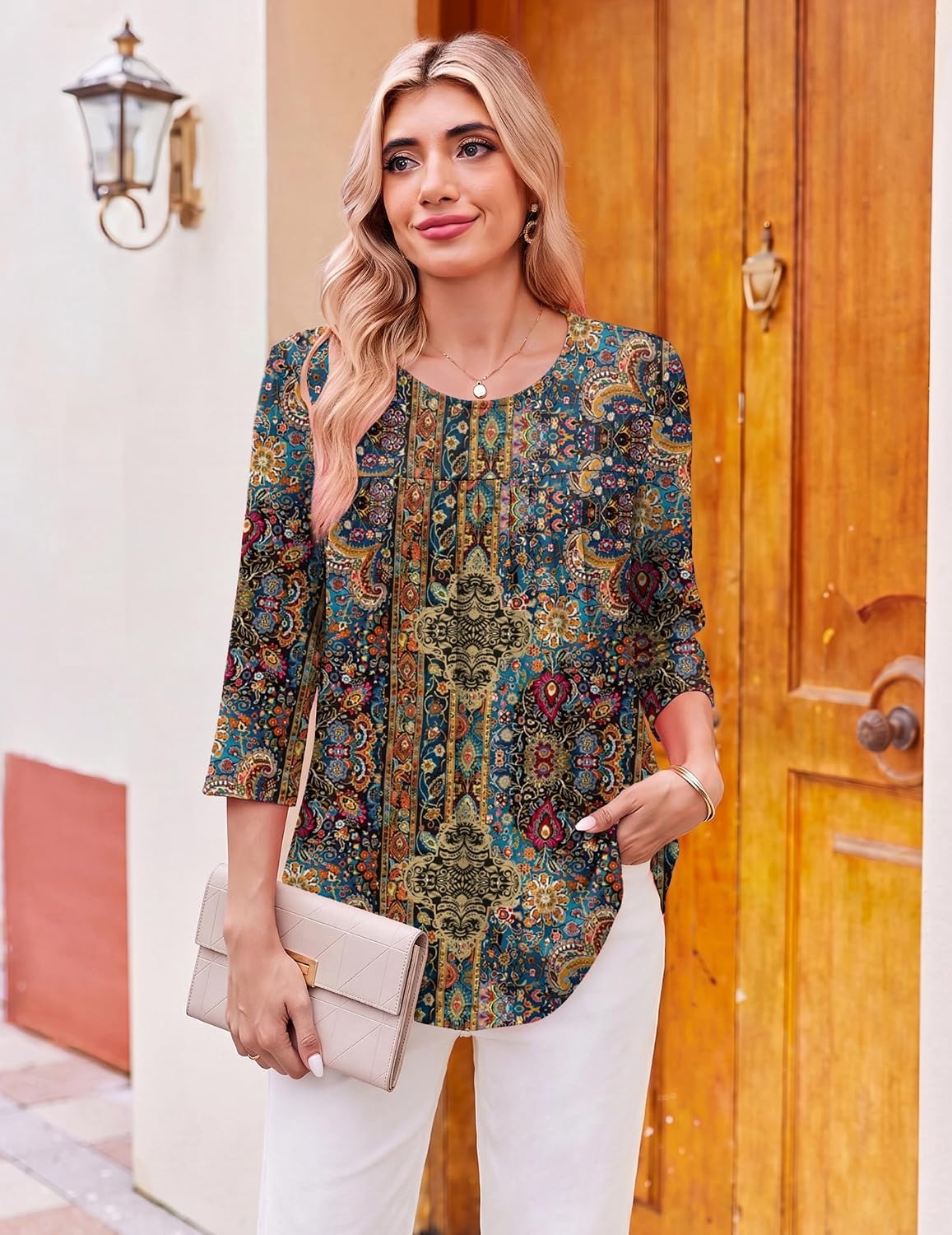 image:imageEkouaer Womens 34 Length Sleeve Tops Boho Blouses Casual Pleated ShirtsEthnic Print