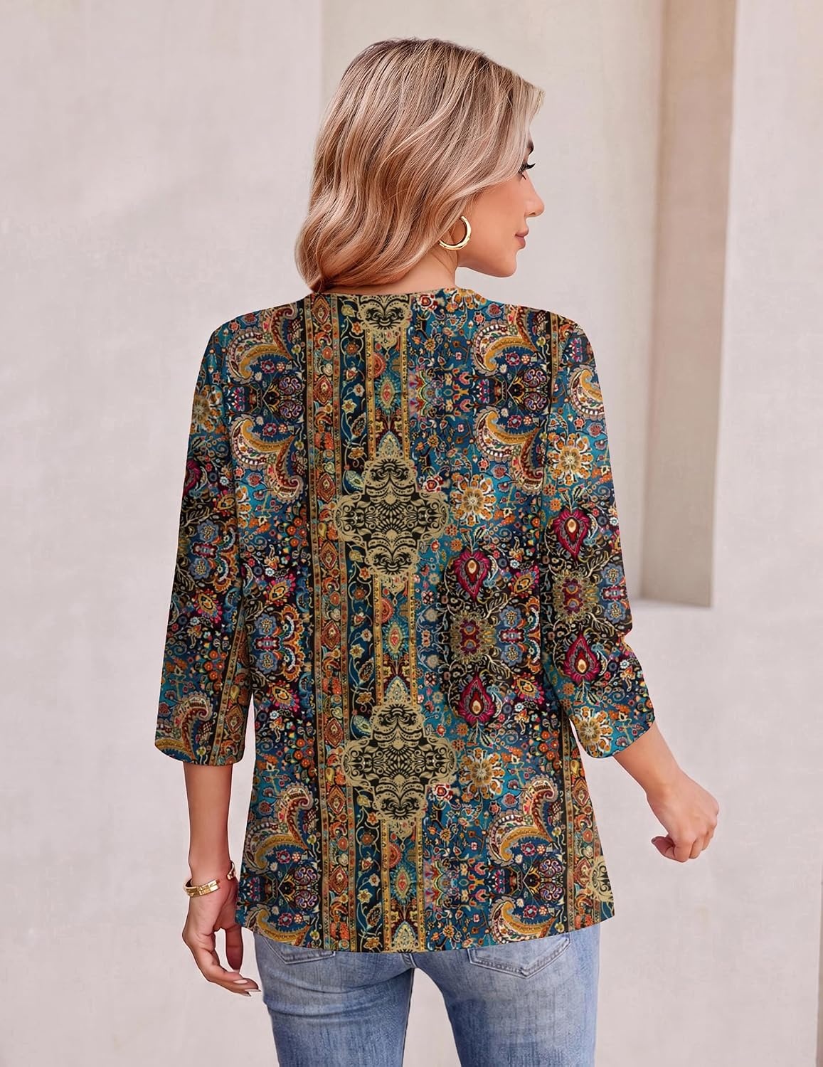 image:imageEkouaer Womens 34 Length Sleeve Tops Boho Blouses Casual Pleated ShirtsEthnic Print