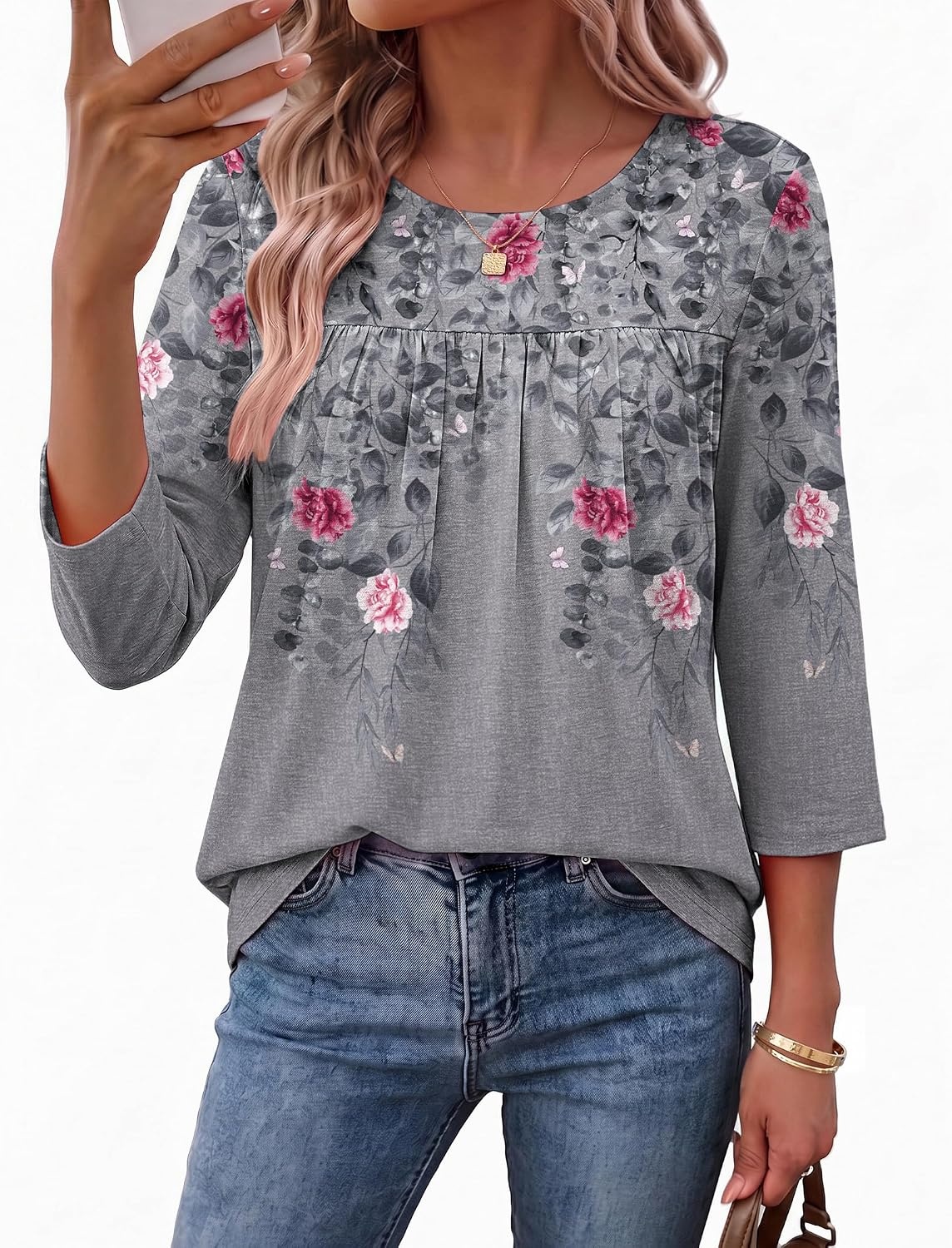 image:imageEkouaer Womens 34 Length Sleeve Tops Boho Blouses Casual Pleated ShirtsGray Flower