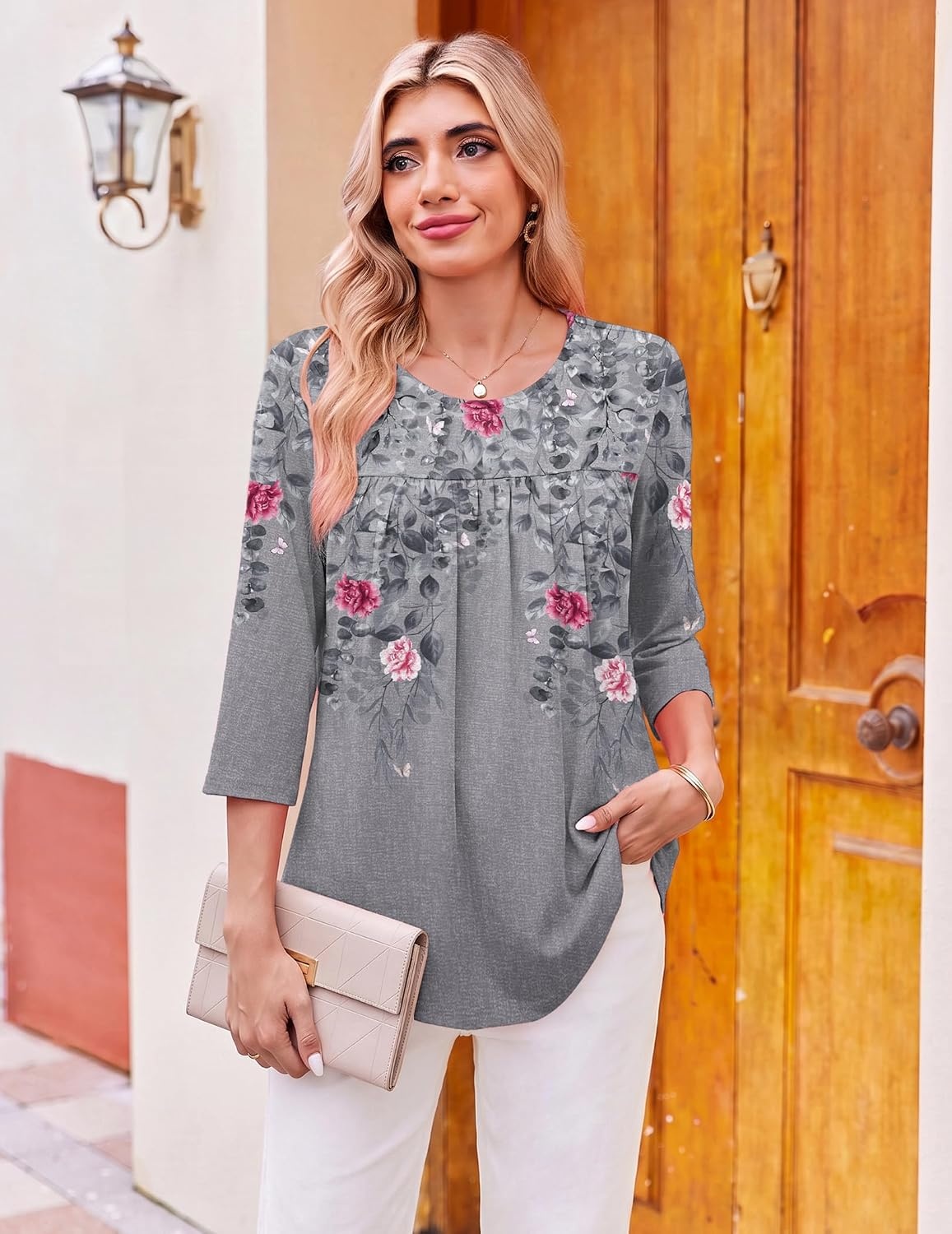 image:imageEkouaer Womens 34 Length Sleeve Tops Boho Blouses Casual Pleated ShirtsGray Flower