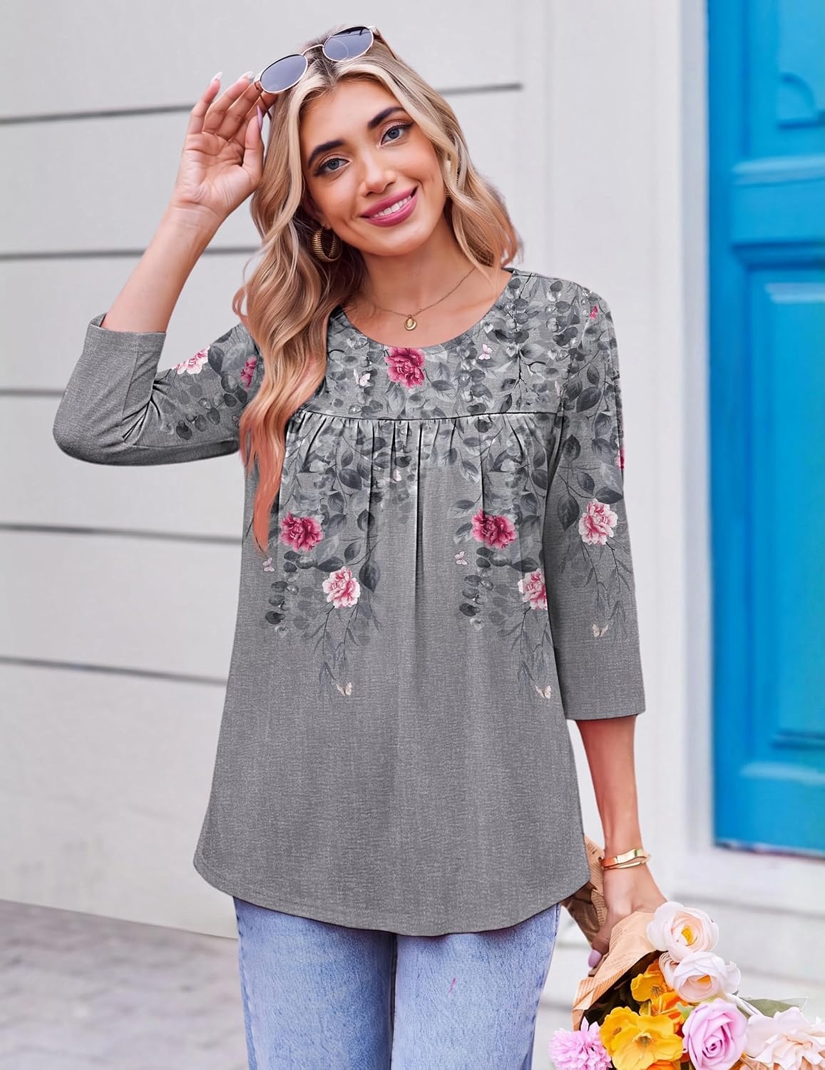 image:imageEkouaer Womens 34 Length Sleeve Tops Boho Blouses Casual Pleated ShirtsGray Flower