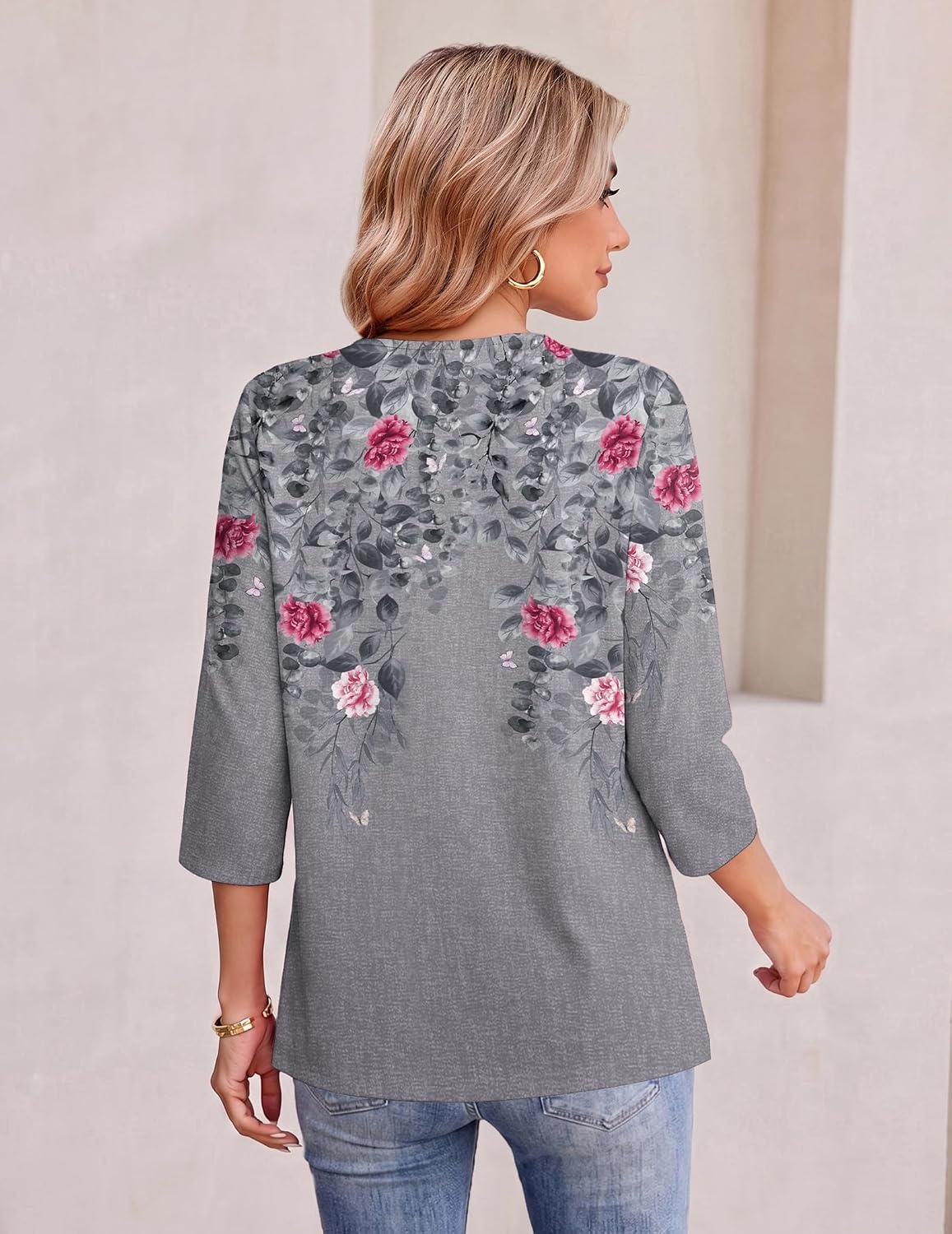 image:imageEkouaer Womens 34 Length Sleeve Tops Boho Blouses Casual Pleated ShirtsGray Flower