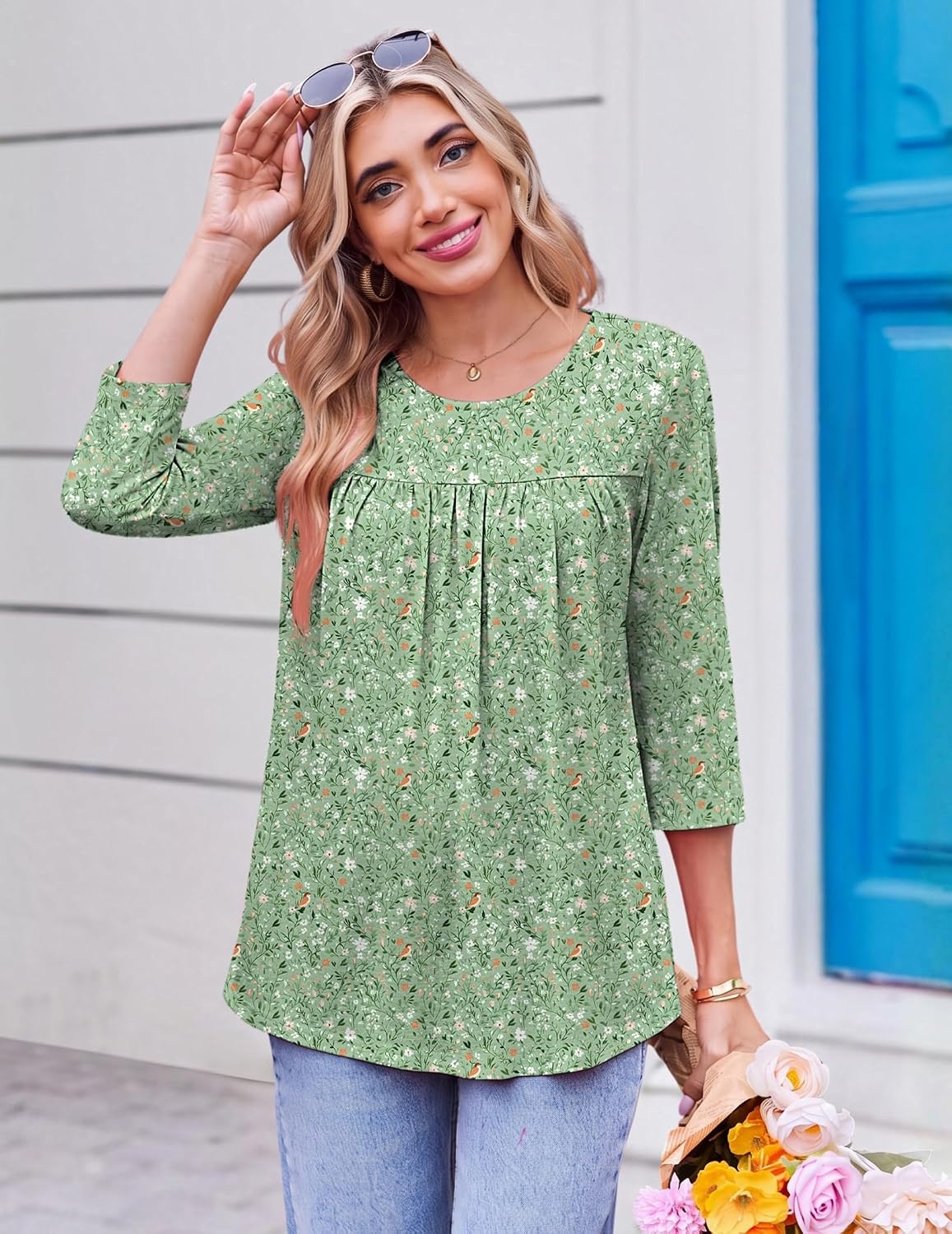 image:imageEkouaer Womens 34 Length Sleeve Tops Boho Blouses Casual Pleated ShirtsGreen Flower
