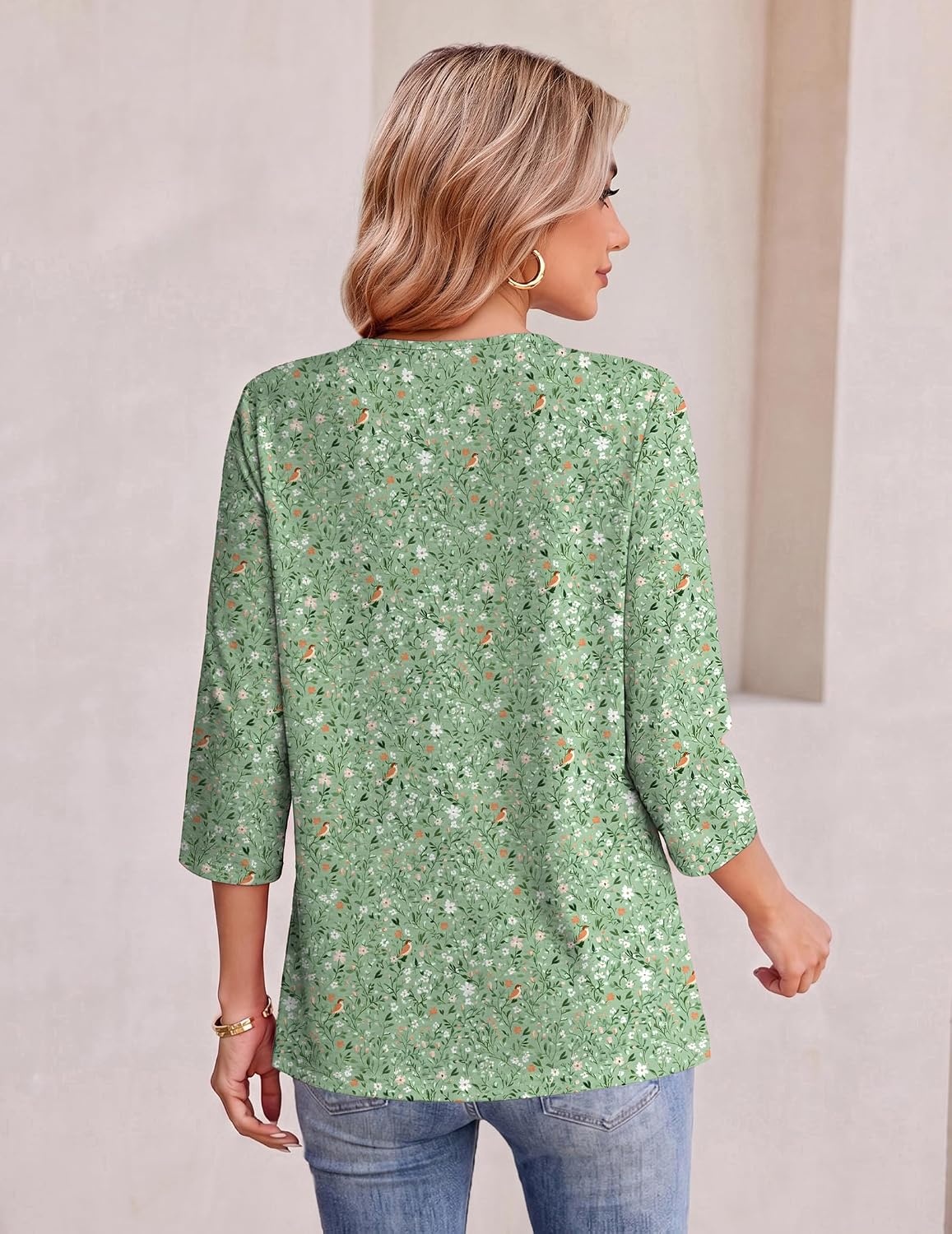 image:imageEkouaer Womens 34 Length Sleeve Tops Boho Blouses Casual Pleated ShirtsGreen Flower