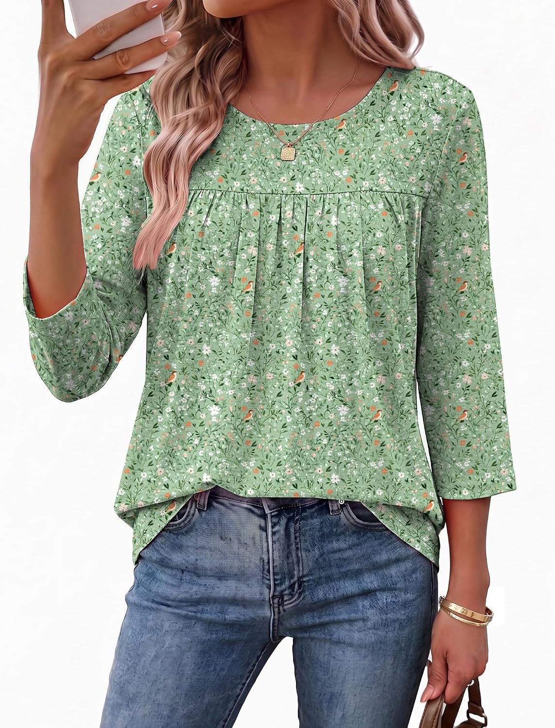 image:imageEkouaer Womens 34 Length Sleeve Tops Boho Blouses Casual Pleated ShirtsGreen Flower