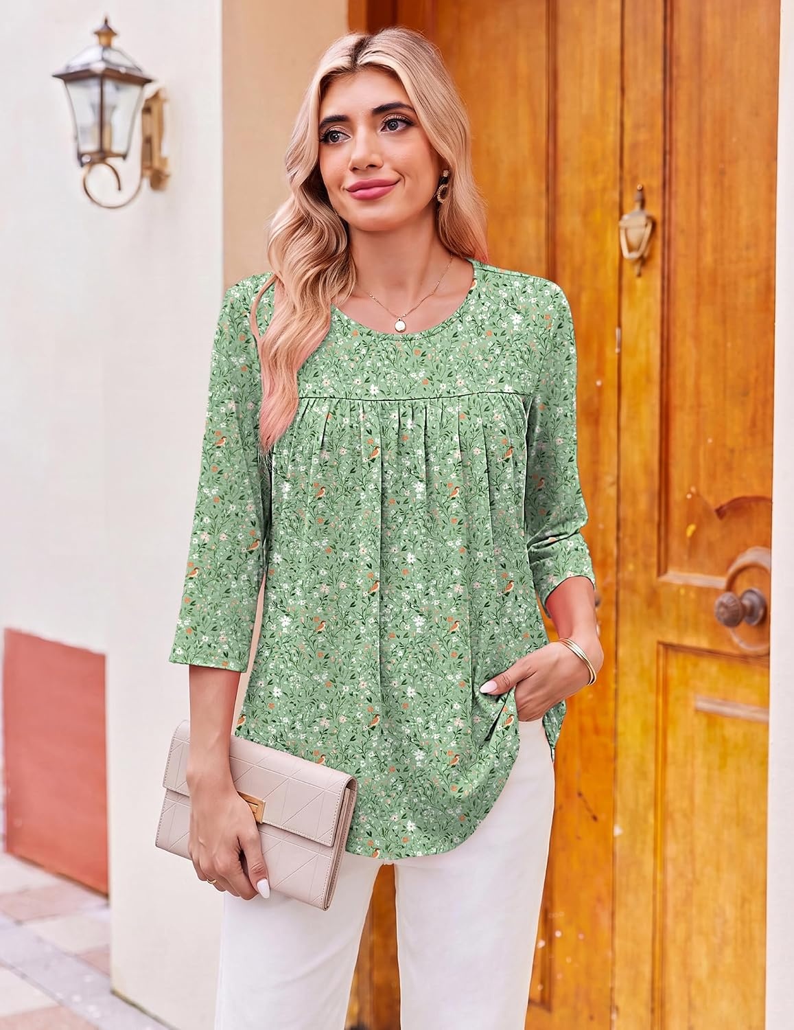 image:imageEkouaer Womens 34 Length Sleeve Tops Boho Blouses Casual Pleated ShirtsGreen Flower