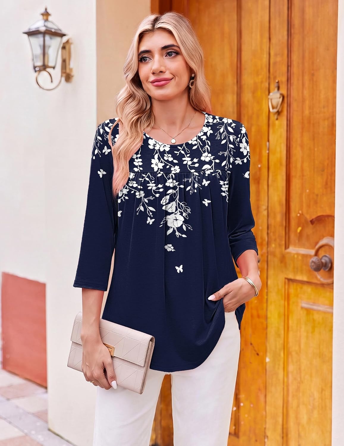 image:imageEkouaer Womens 34 Length Sleeve Tops Boho Blouses Casual Pleated ShirtsNavy Flower