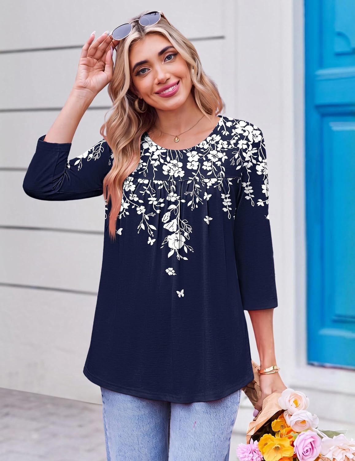 image:imageEkouaer Womens 34 Length Sleeve Tops Boho Blouses Casual Pleated ShirtsNavy Flower