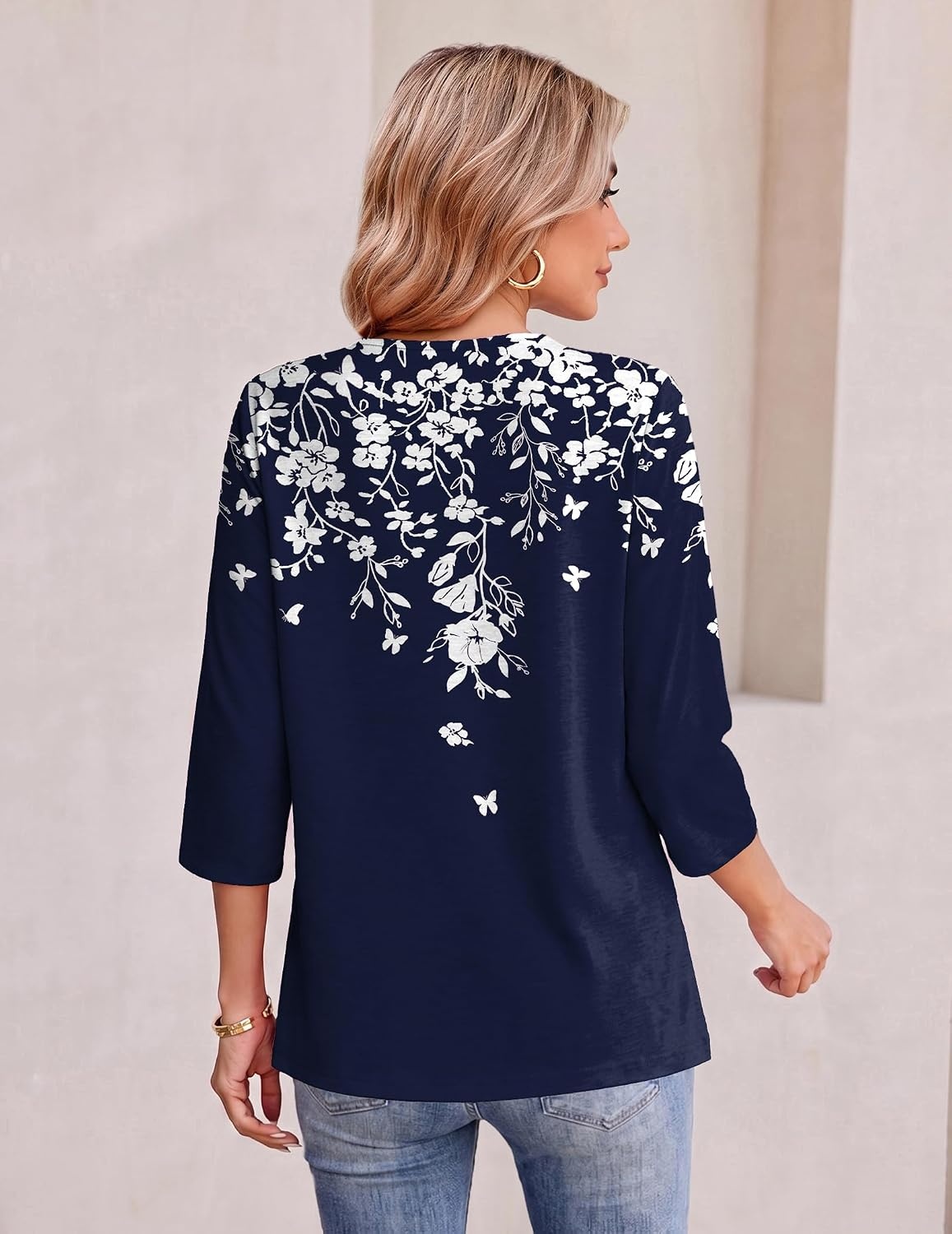 image:imageEkouaer Womens 34 Length Sleeve Tops Boho Blouses Casual Pleated ShirtsNavy Flower
