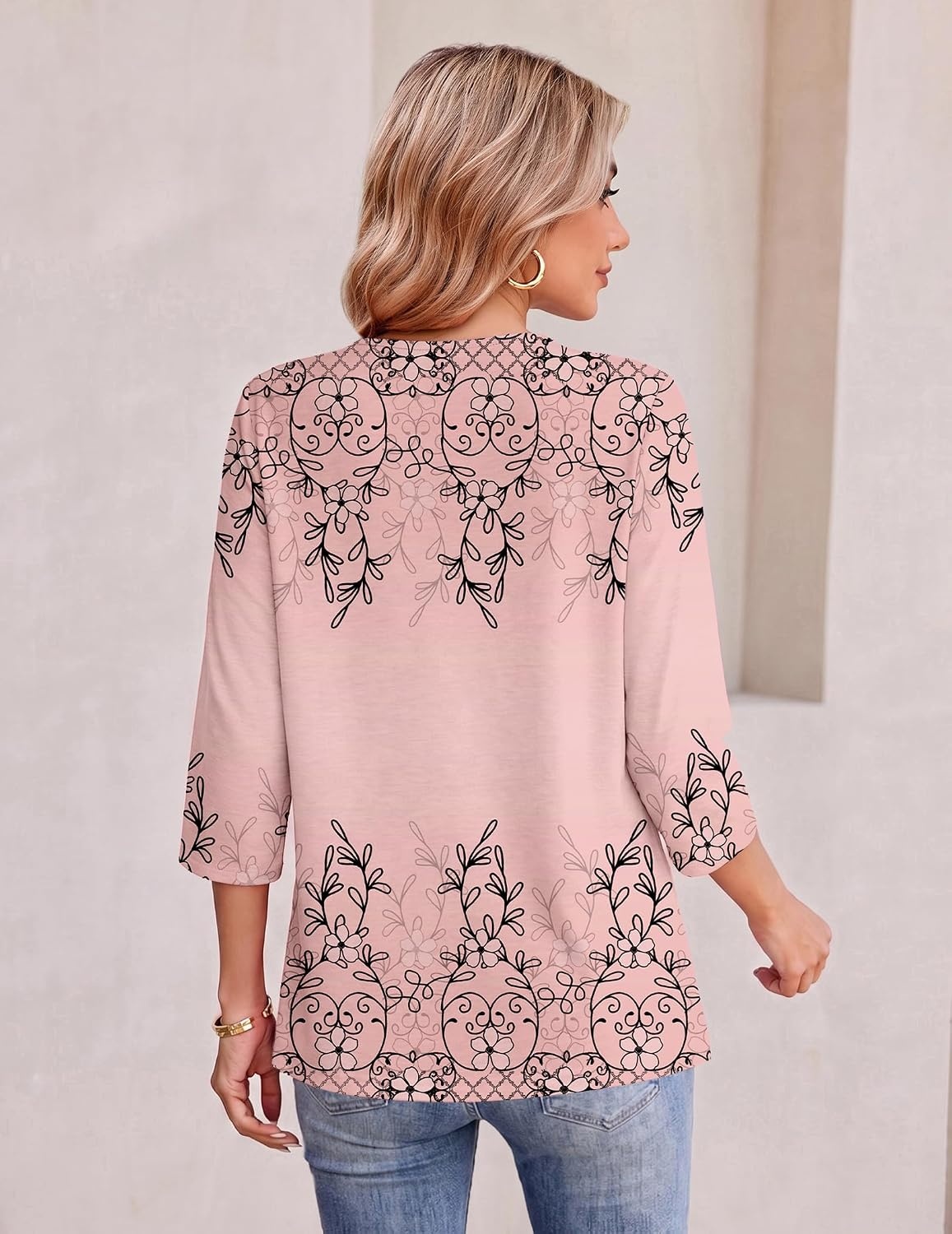 image:imageEkouaer Womens 34 Length Sleeve Tops Boho Blouses Casual Pleated ShirtsPink Flower