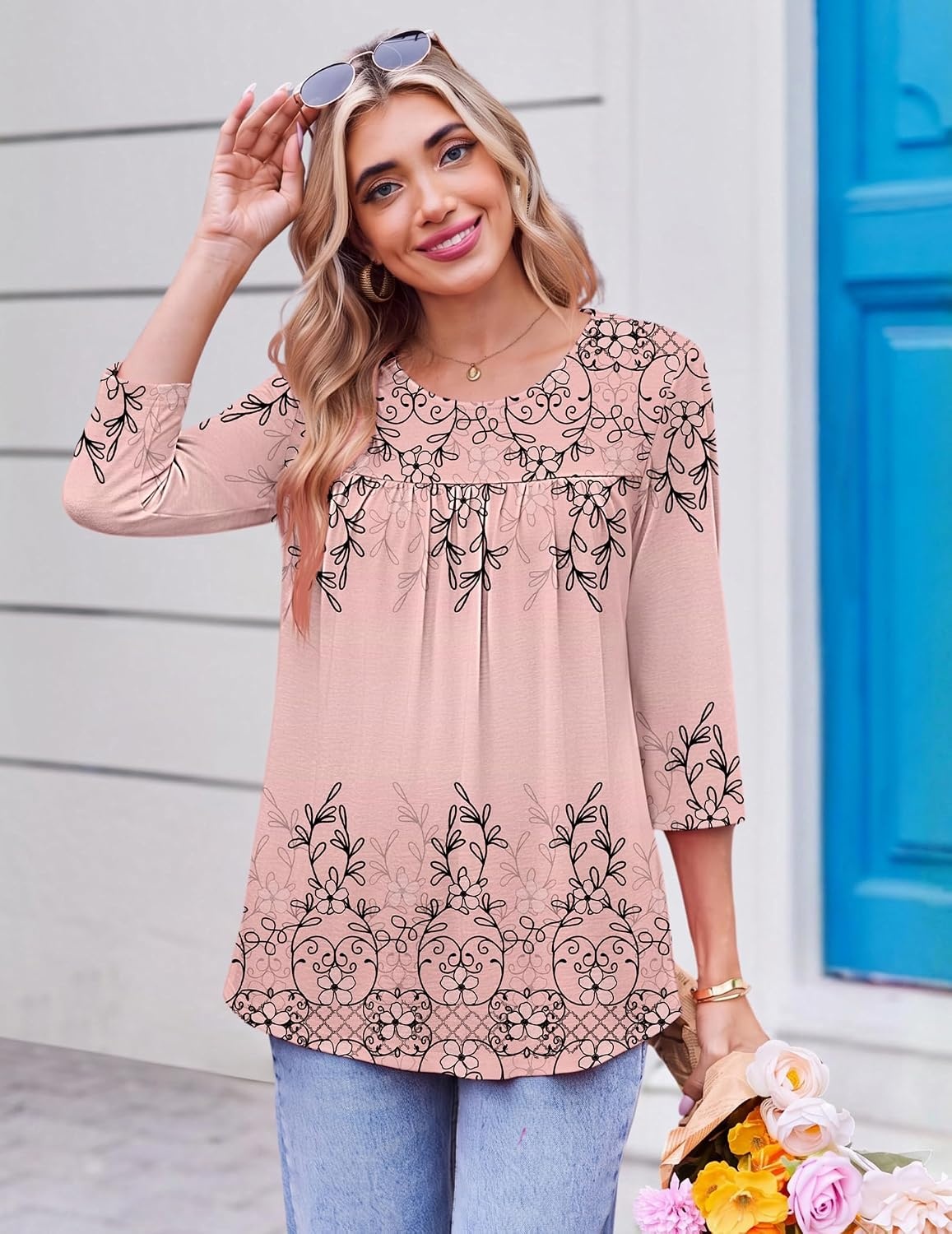 image:imageEkouaer Womens 34 Length Sleeve Tops Boho Blouses Casual Pleated ShirtsPink Flower