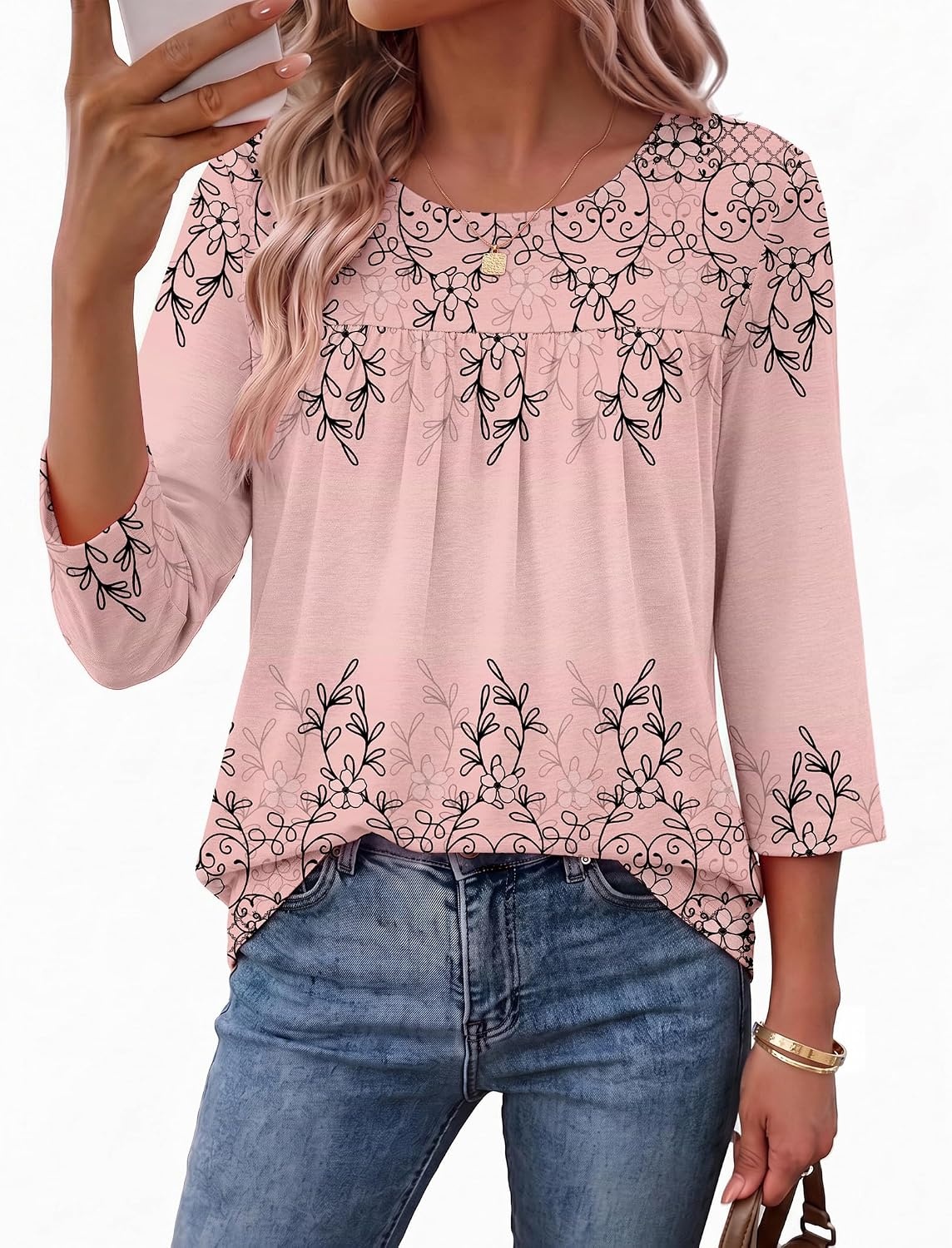 image:imageEkouaer Womens 34 Length Sleeve Tops Boho Blouses Casual Pleated ShirtsPink Flower