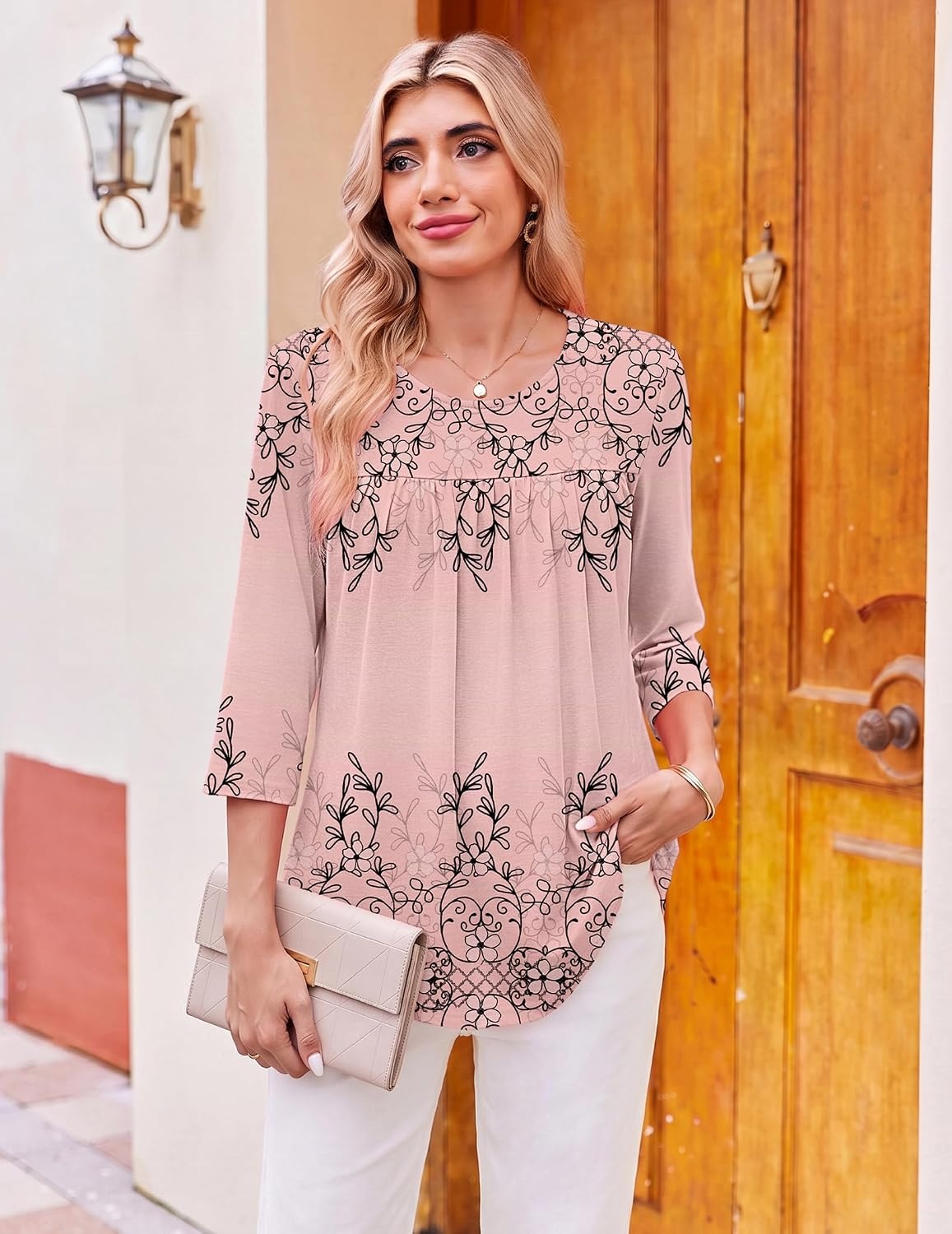 image:imageEkouaer Womens 34 Length Sleeve Tops Boho Blouses Casual Pleated ShirtsPink Flower