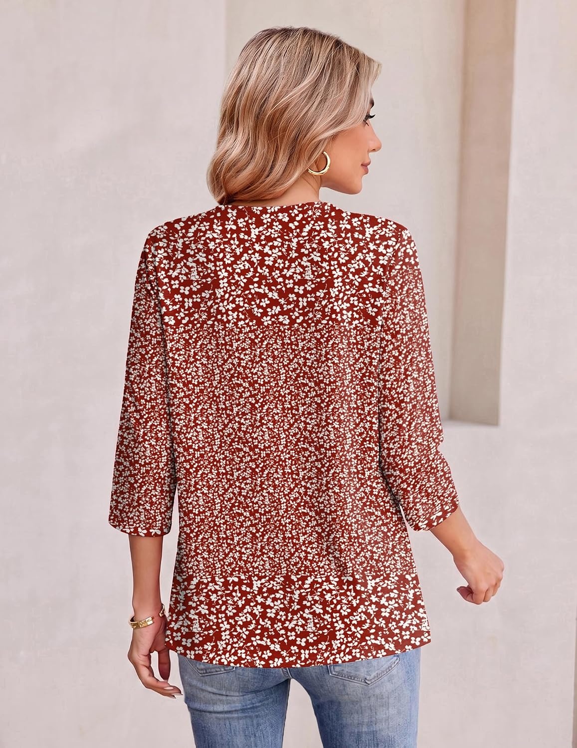 image:imageEkouaer Womens 34 Length Sleeve Tops Boho Blouses Casual Pleated ShirtsRed Flower