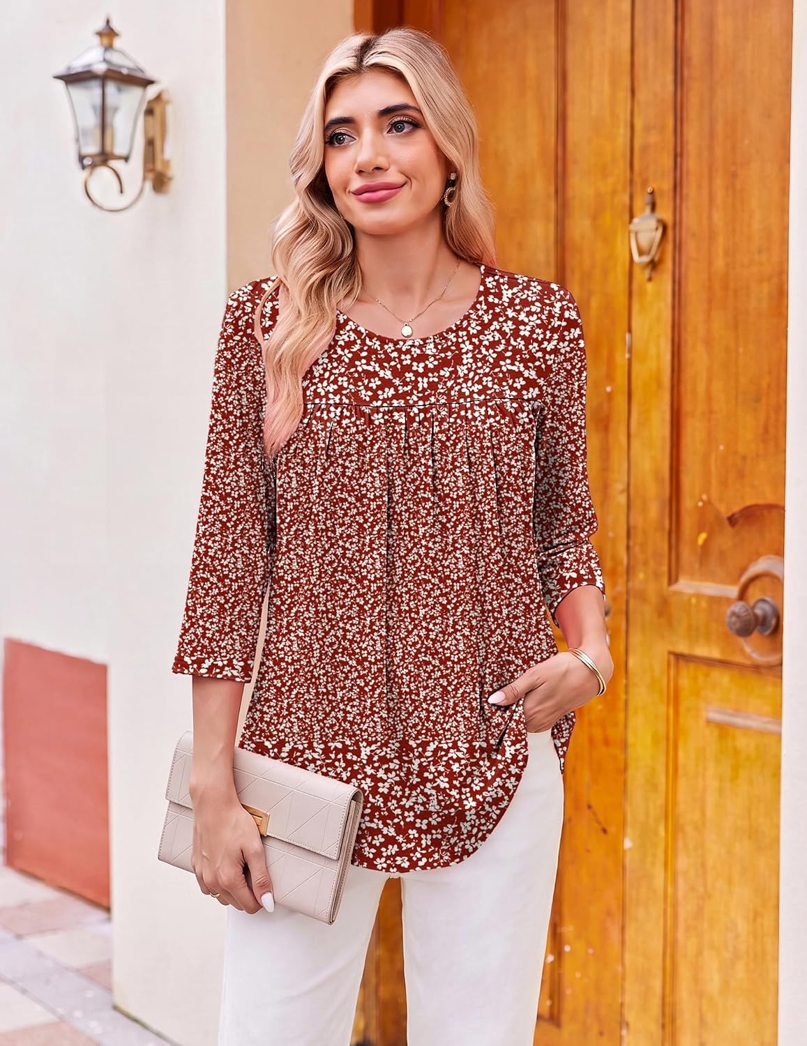 image:imageEkouaer Womens 34 Length Sleeve Tops Boho Blouses Casual Pleated ShirtsRed Flower